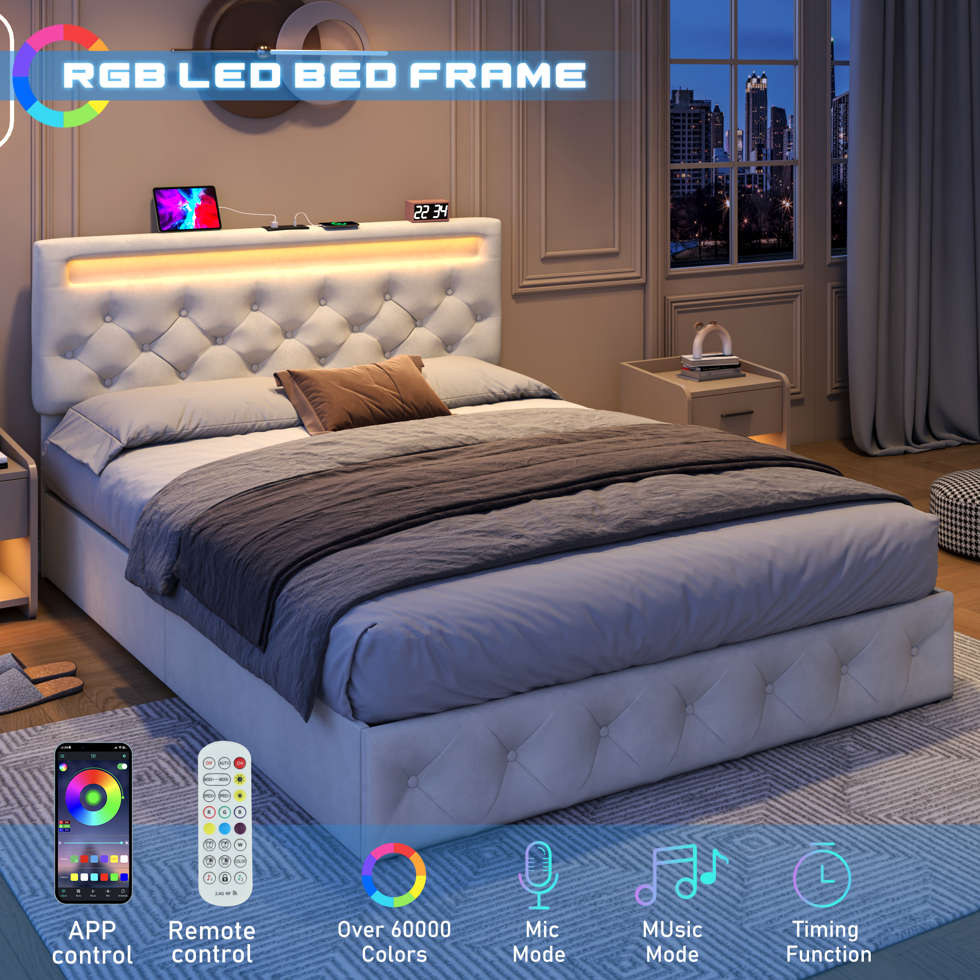 ChVans Lift Up Storage Bed Frame, LED Upholstered Platform Bed with Power Charging Station, Velvet Button Tufted Headboard