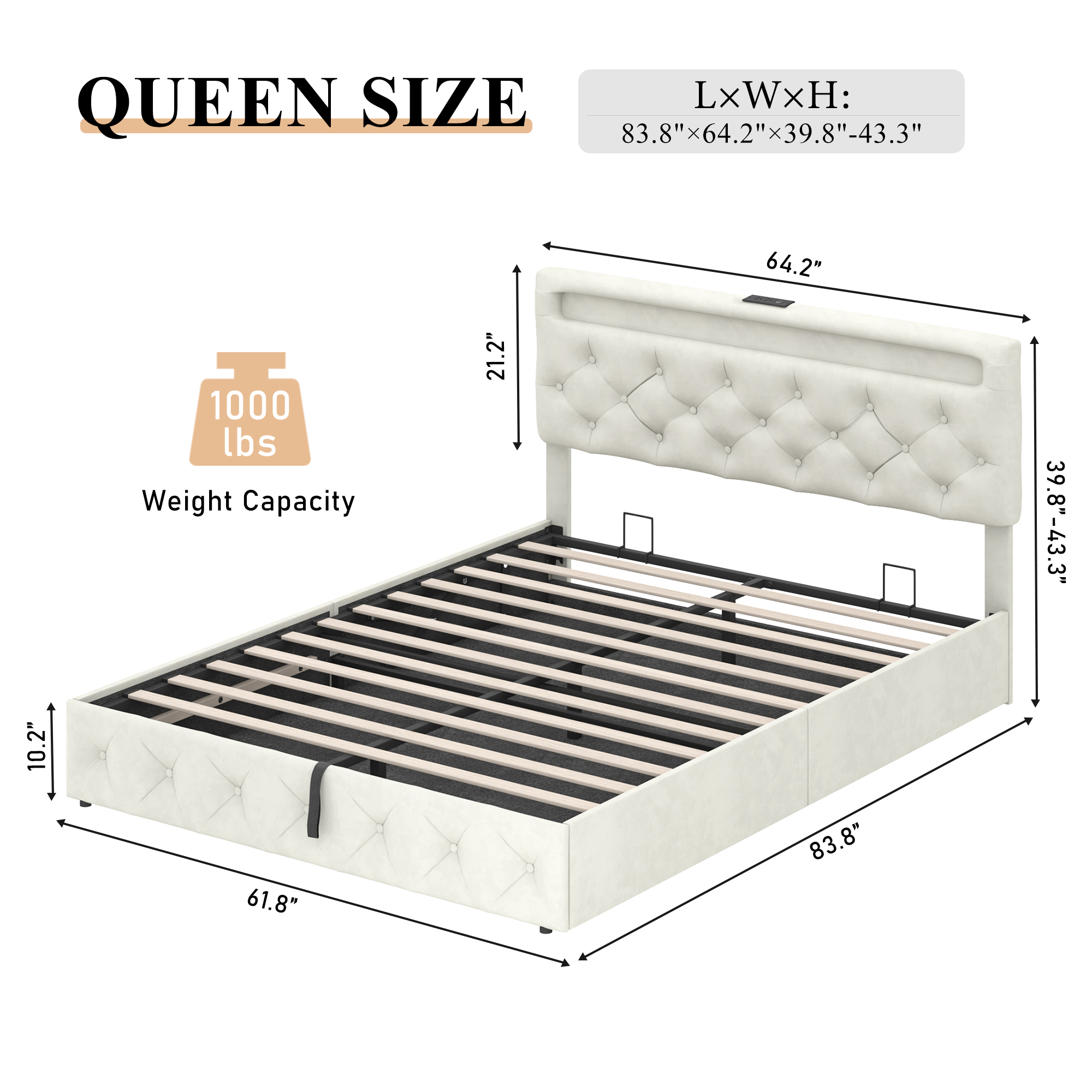 ChVans Lift Up Storage Bed Frame, LED Upholstered Platform Bed with Power Charging Station, Velvet Button Tufted Headboard