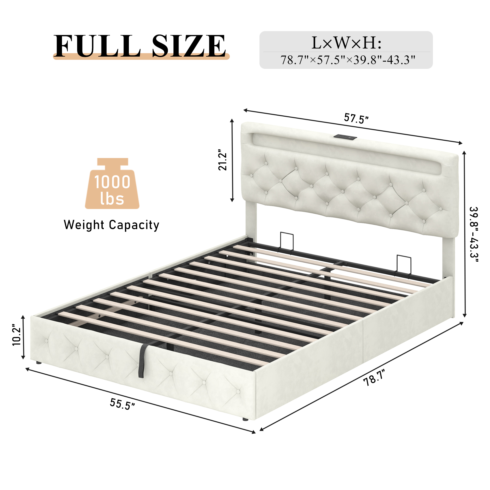ChVans Lift Up Storage Bed Frame, LED Upholstered Platform Bed with Power Charging Station, Velvet Button Tufted Headboard