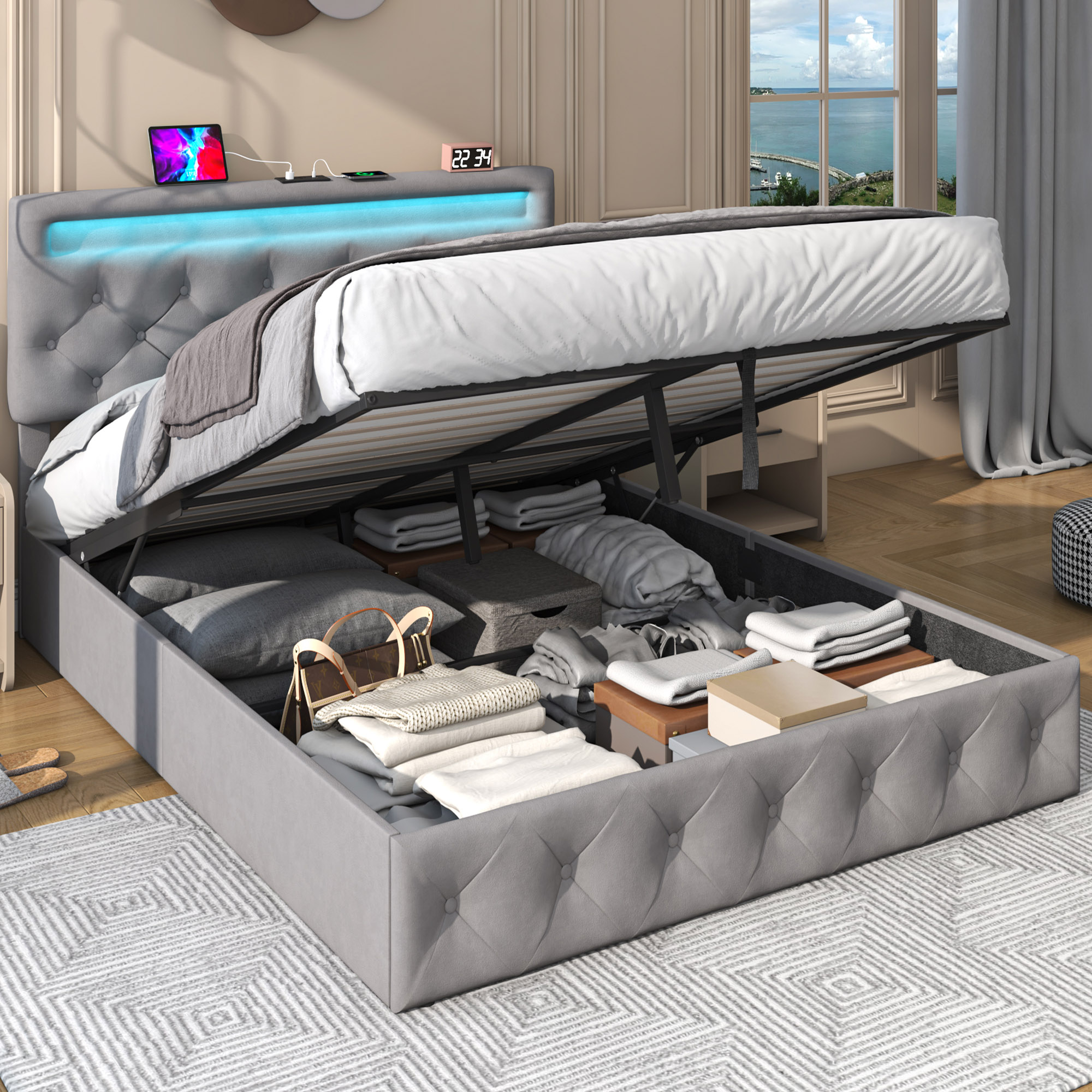 ChVans Lift Up Storage Bed Frame, LED Upholstered Platform Bed with Power Charging Station, Velvet Button Tufted Headboard