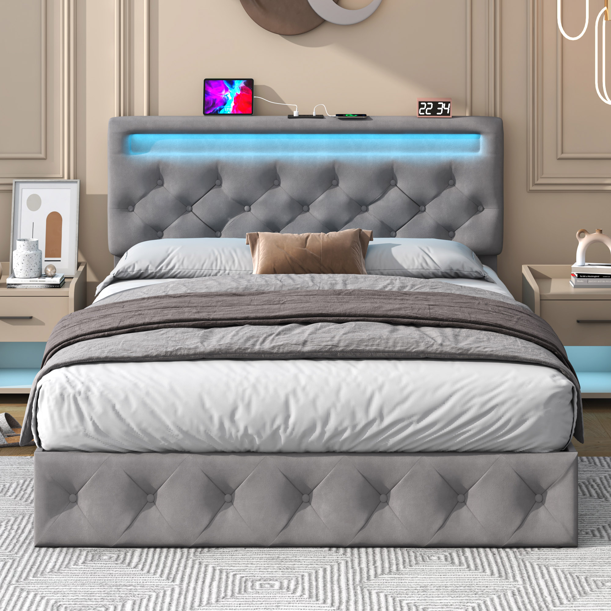 ChVans Lift Up Storage Bed Frame, LED Upholstered Platform Bed with Power Charging Station, Velvet Button Tufted Headboard