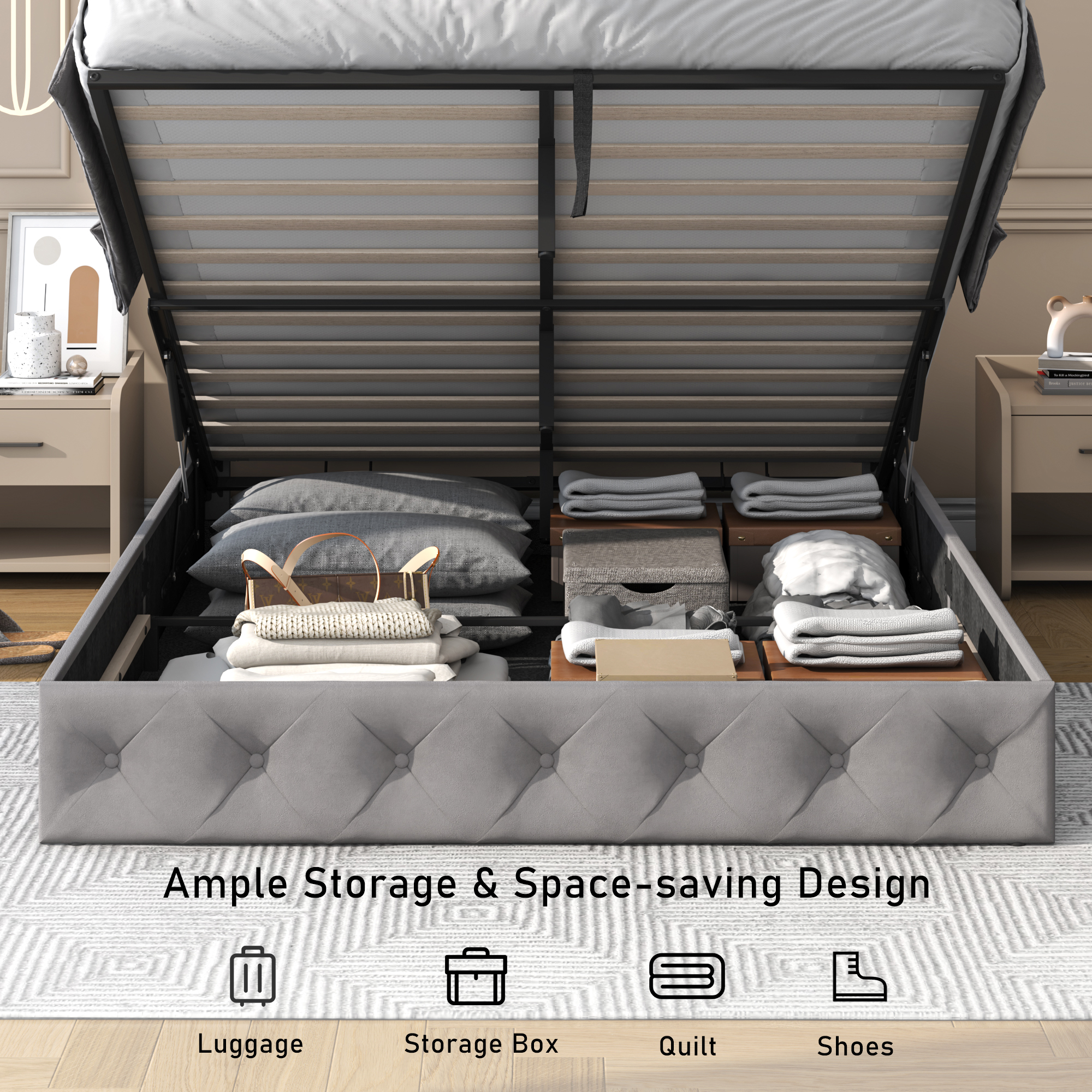 ChVans Lift Up Storage Bed Frame, LED Upholstered Platform Bed with Power Charging Station, Velvet Button Tufted Headboard
