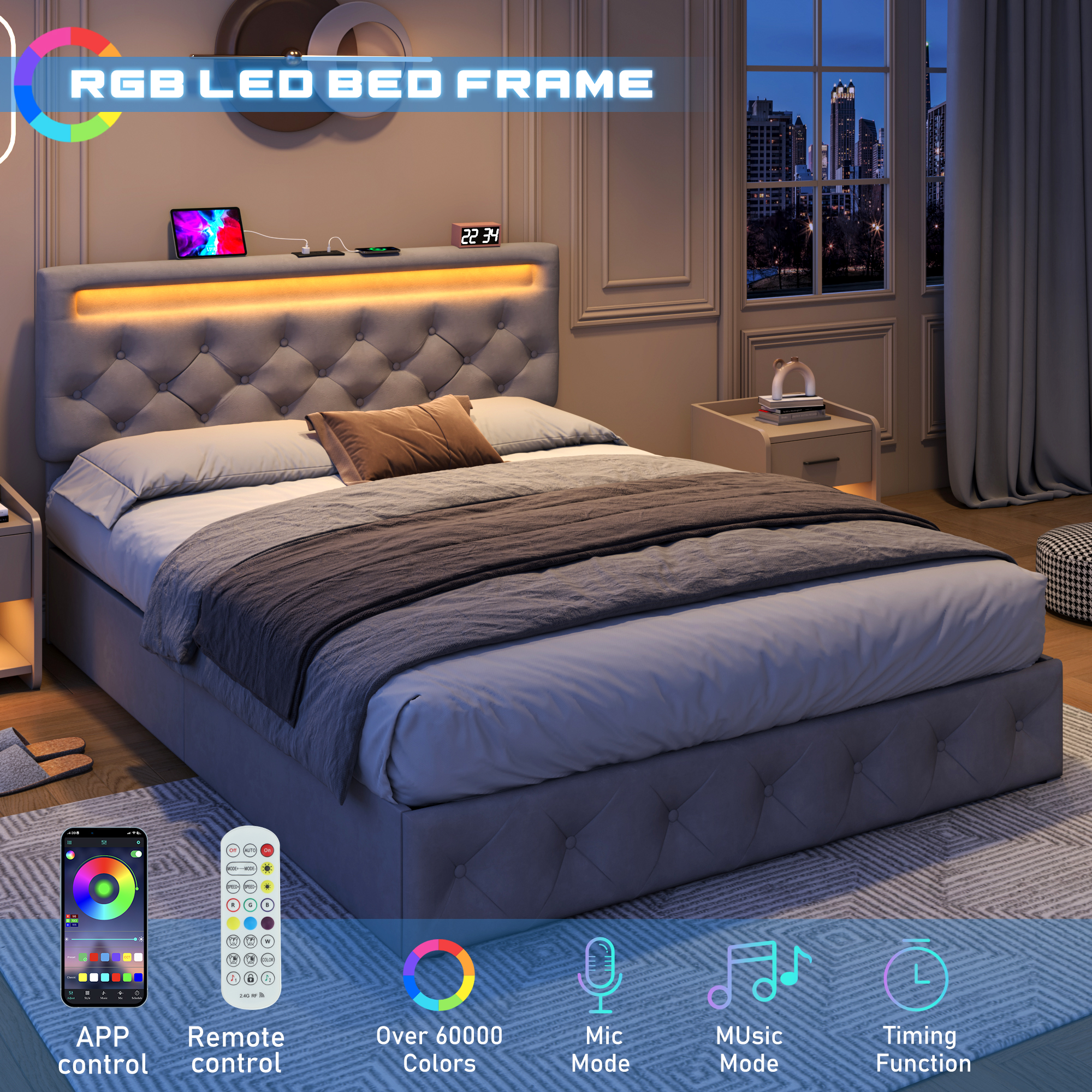 ChVans Lift Up Storage Bed Frame, LED Upholstered Platform Bed with Power Charging Station, Velvet Button Tufted Headboard