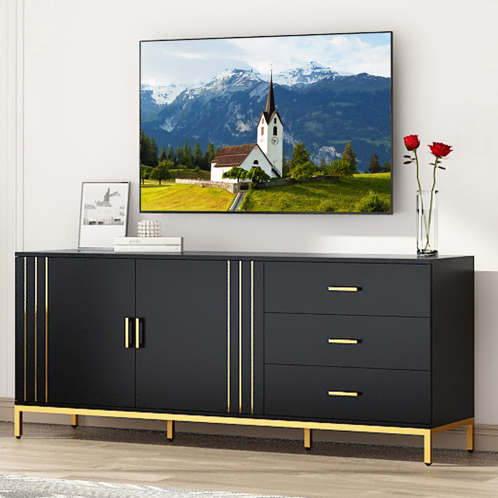 Mid Century Modern TV Stand for up 75" TVs, White Gold Luxurious Entertainment Center