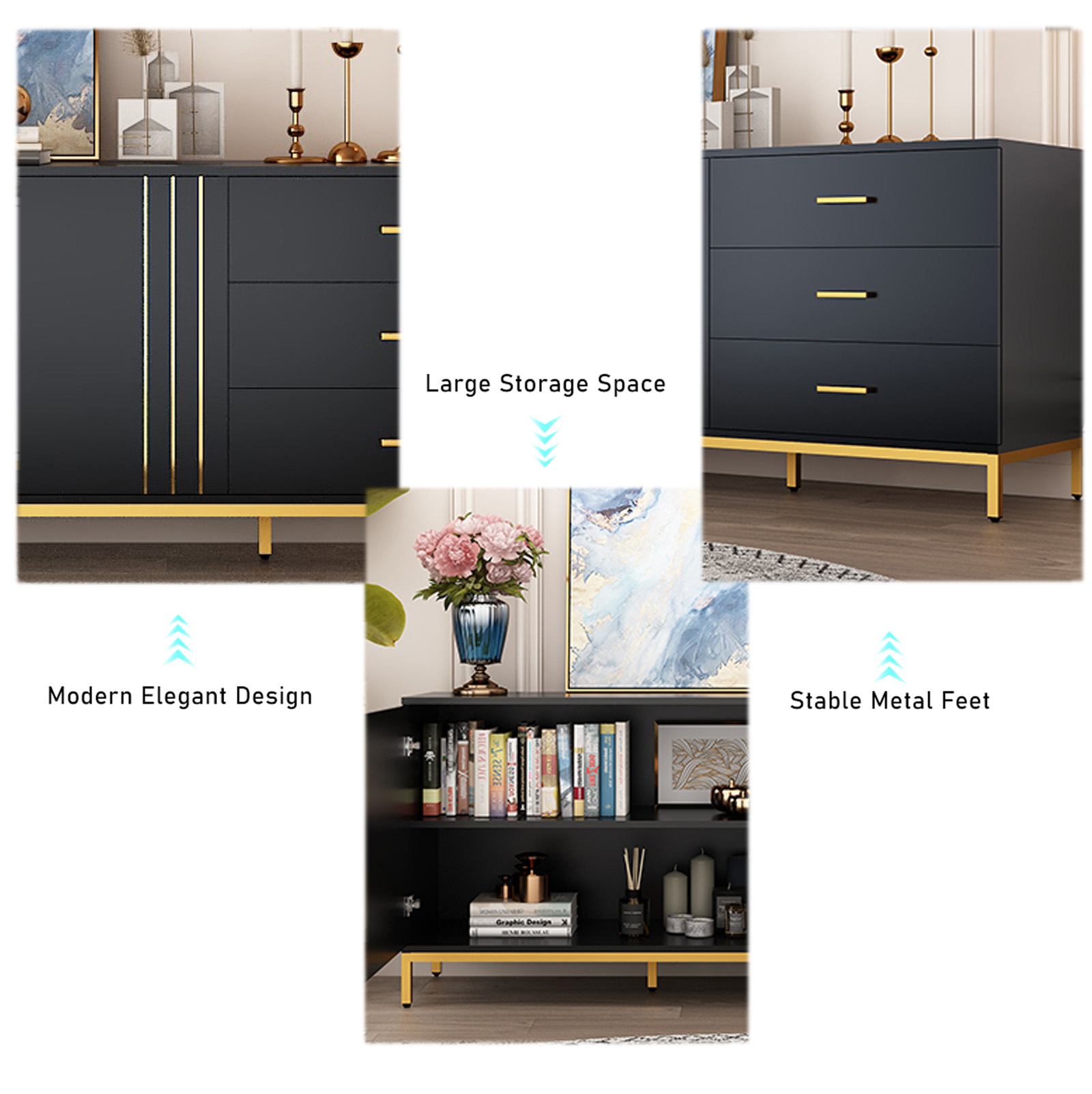 Mid Century Modern TV Stand for up 75" TVs, White Gold Luxurious Entertainment Center