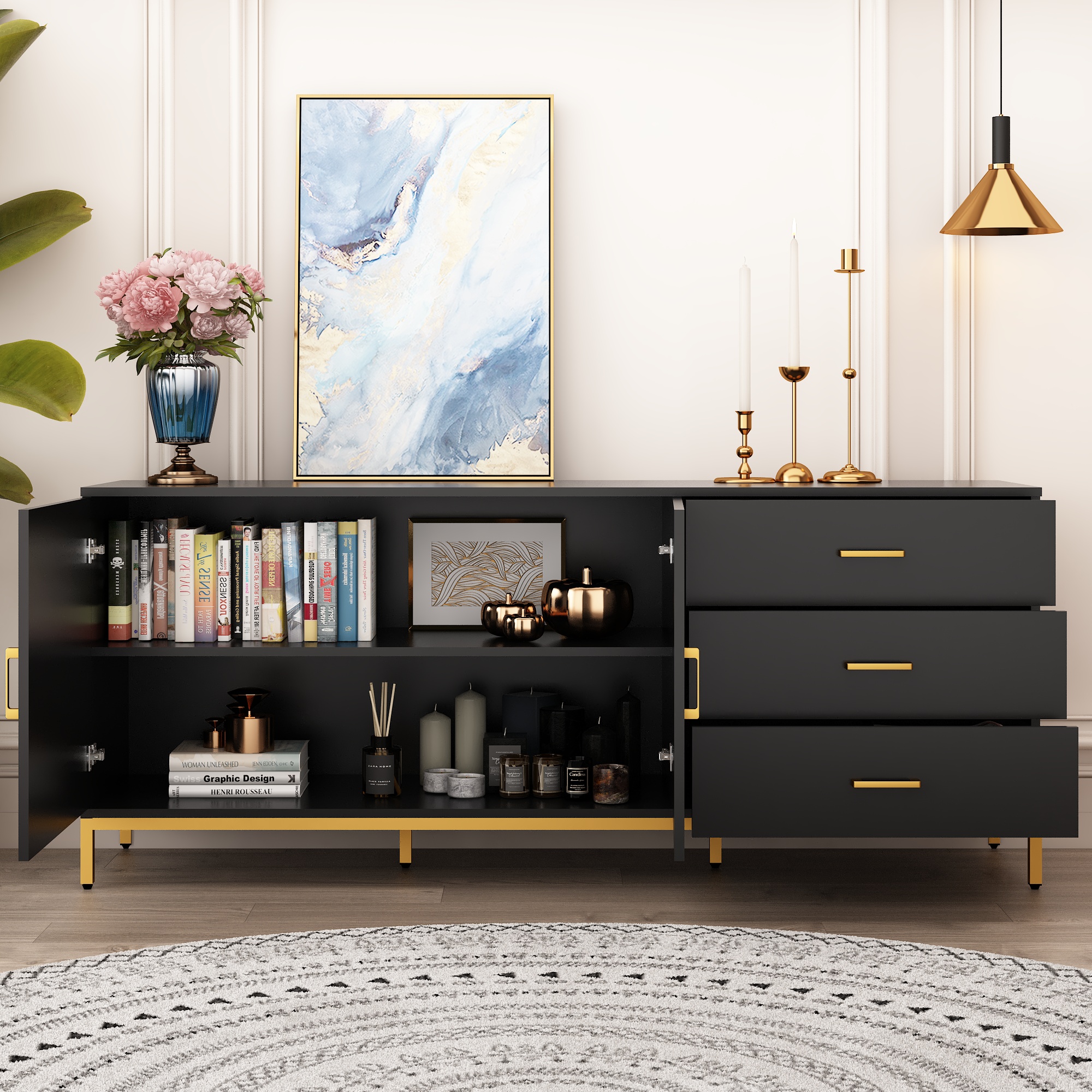Mid Century Modern TV Stand for up 75" TVs, White Gold Luxurious Entertainment Center