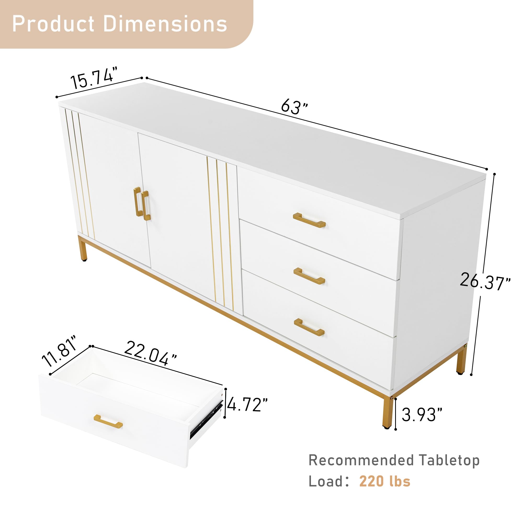 Mid Century Modern TV Stand for up 75" TVs, White Gold Luxurious Entertainment Center