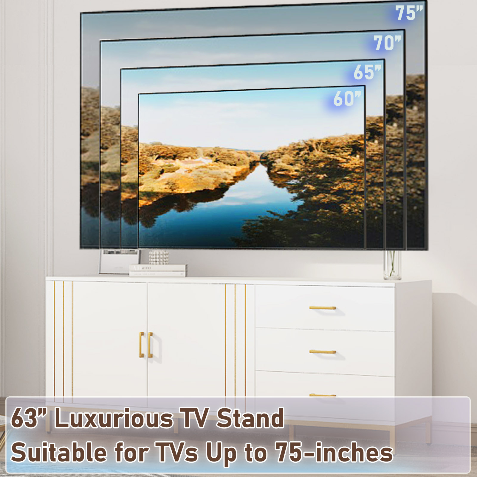 Mid Century Modern TV Stand for up 75" TVs, White Gold Luxurious Entertainment Center