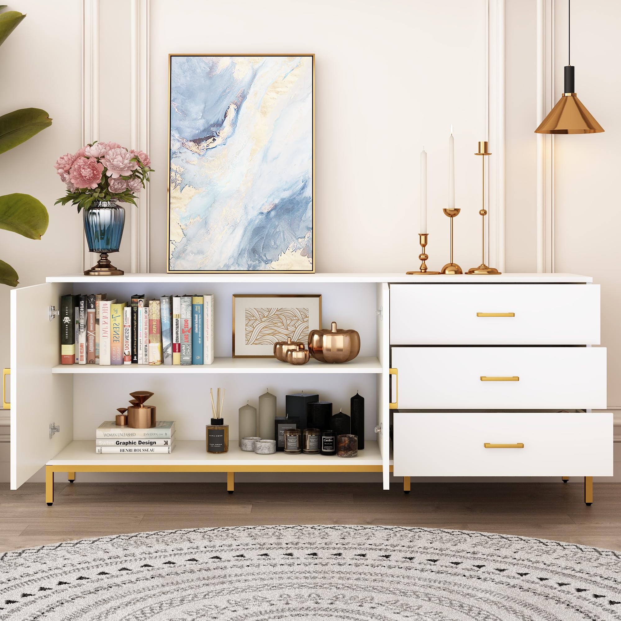 Mid Century Modern TV Stand for up 75" TVs, White Gold Luxurious Entertainment Center