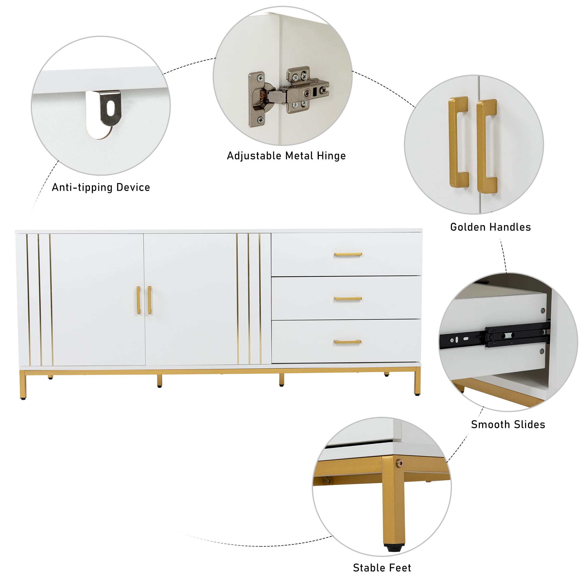 Mid Century Modern TV Stand for up 75" TVs, White Gold Luxurious Entertainment Center