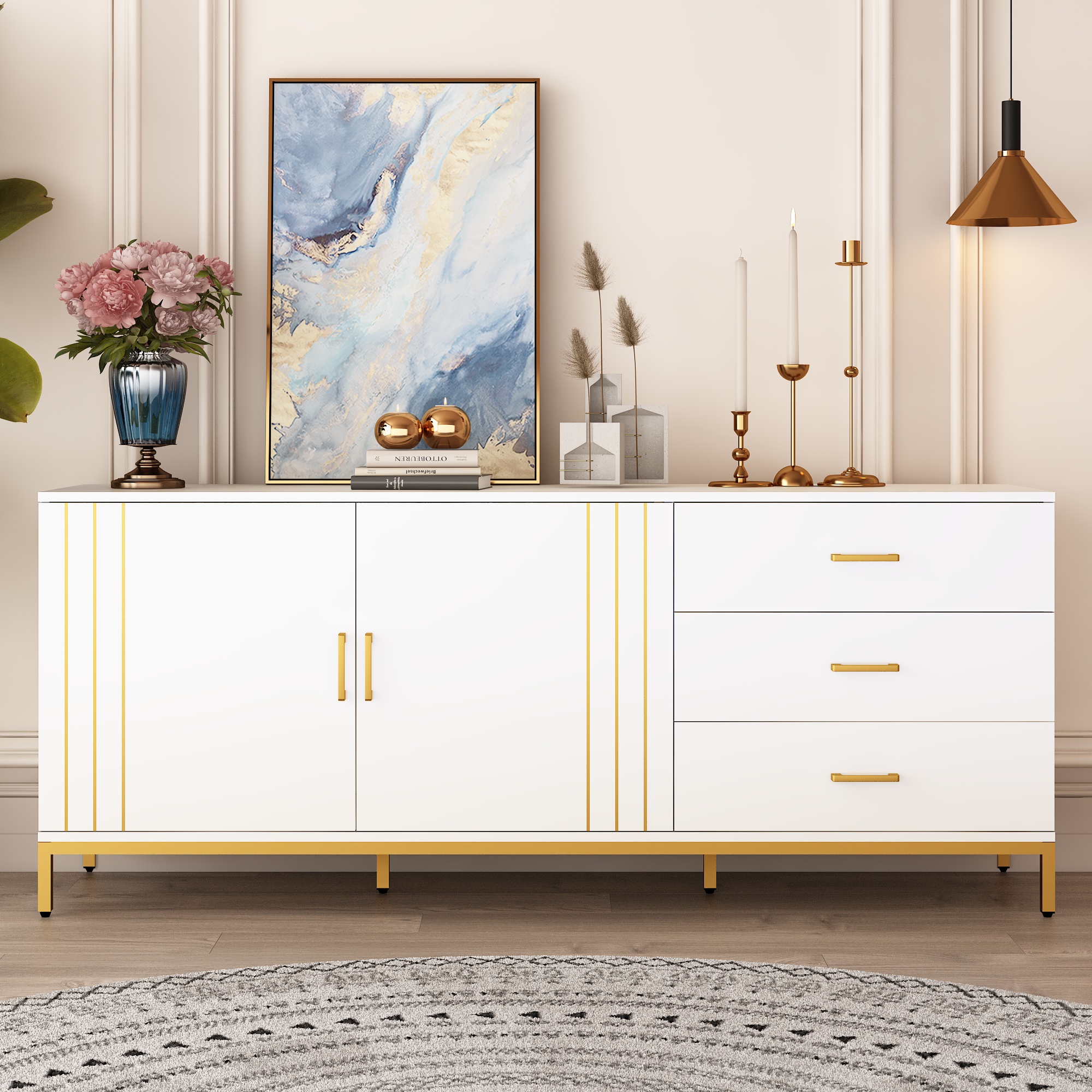 Mid Century Modern TV Stand for up 75" TVs, White Gold Luxurious Entertainment Center