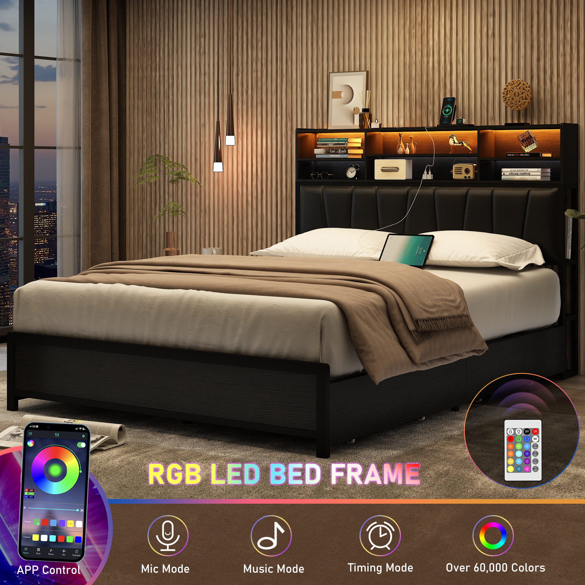 ANPOO LED Bed Frame Full Size with 4 Drawers & Charging Station, Metal Platform Bed Frame with Storage Headboard & Bookcase Storage, No Box Spring Needed, Noise-Free, Vintage Brown