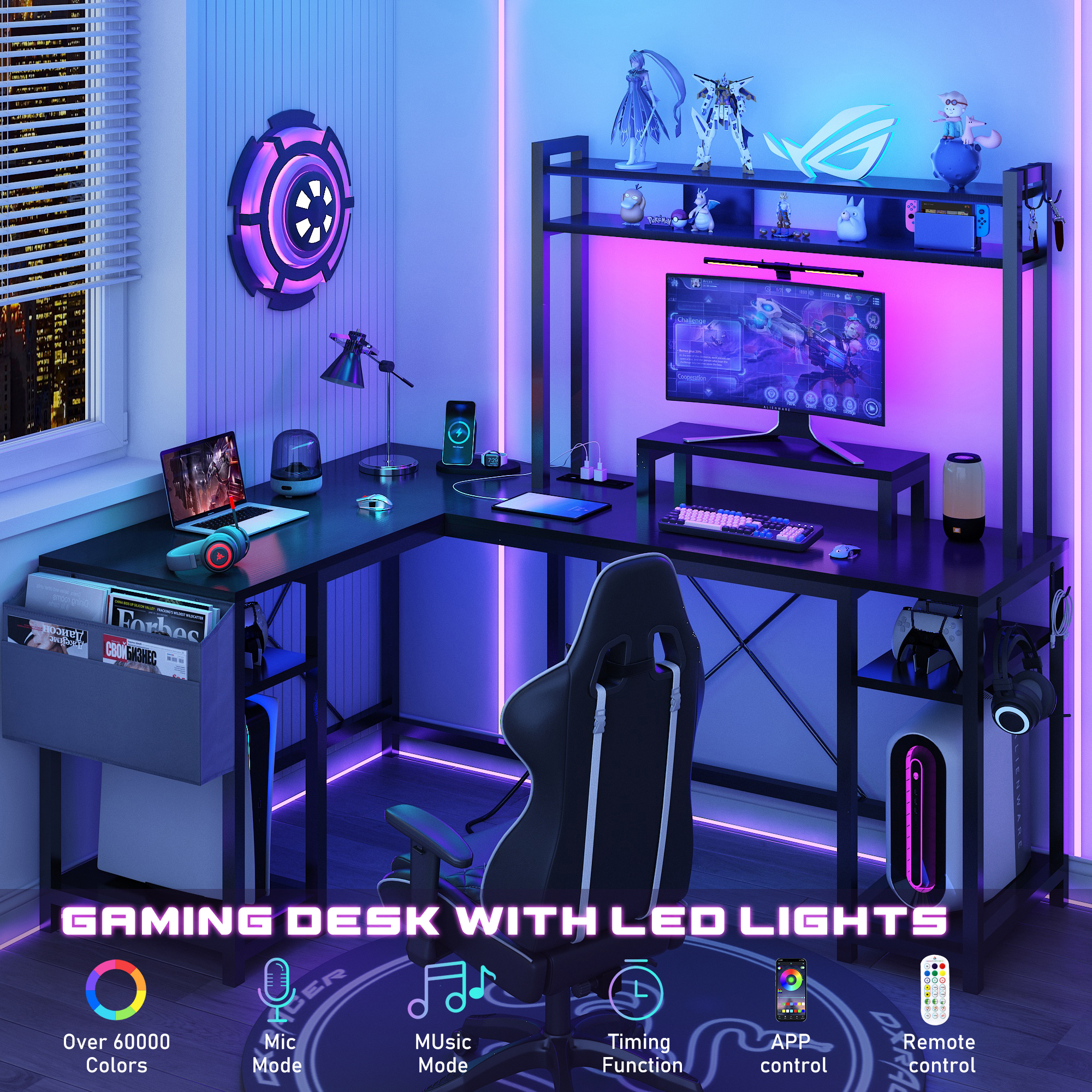 ChVans 95.3" L Shaped Gaming Desk with LED Lights & Power Strip, Corne Desk with Hutch/Storage Shelves/Monitor Stand/Hooks for Home Office, Black