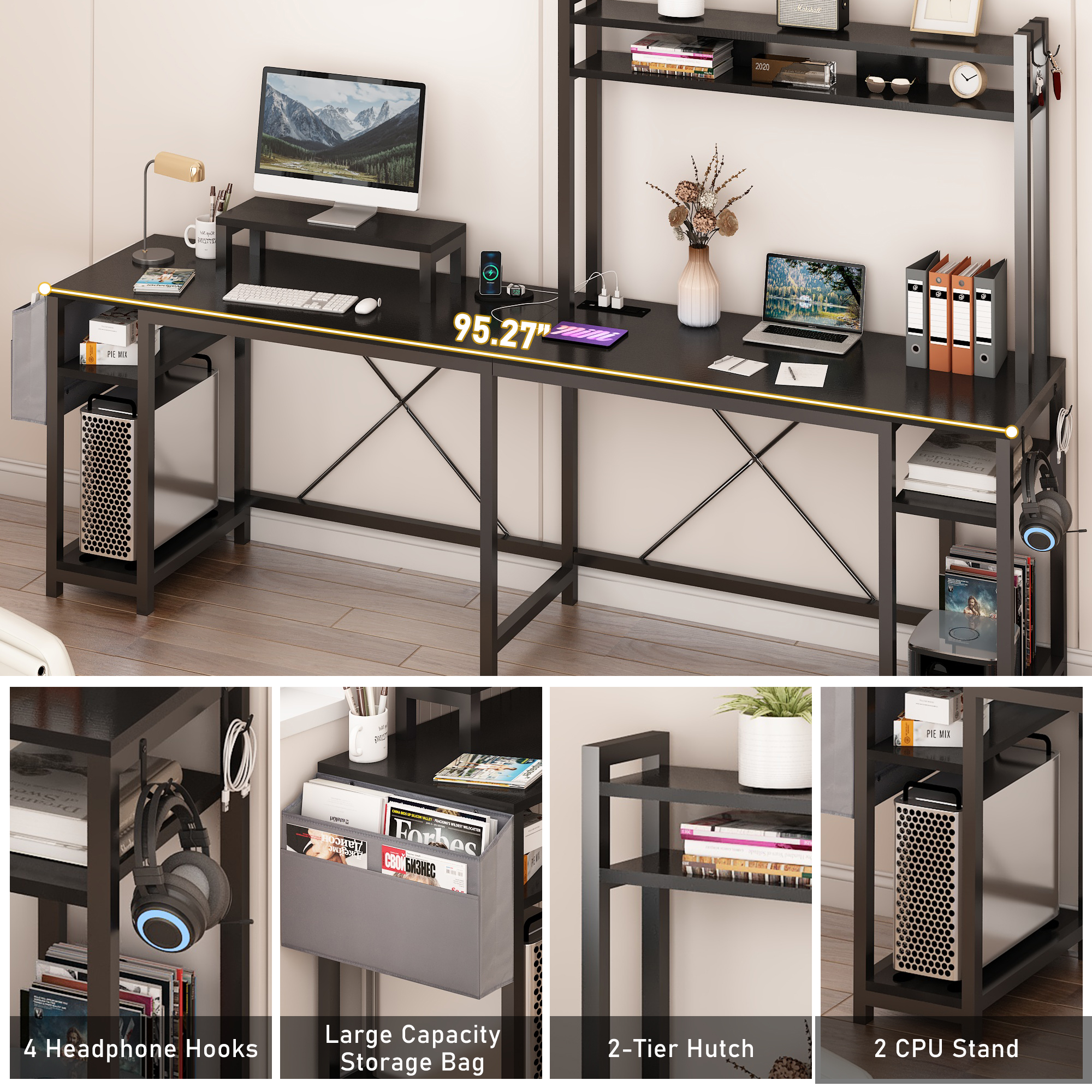 ChVans 95.3" L Shaped Gaming Desk with LED Lights & Power Strip, Corne Desk with Hutch/Storage Shelves/Monitor Stand/Hooks for Home Office, Black
