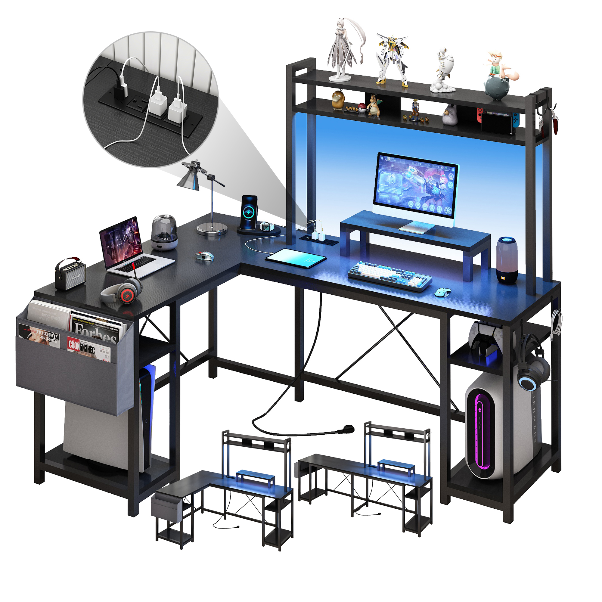 ChVans 95.3" L Shaped Gaming Desk with LED Lights & Power Strip, Corne Desk with Hutch/Storage Shelves/Monitor Stand/Hooks for Home Office, Black