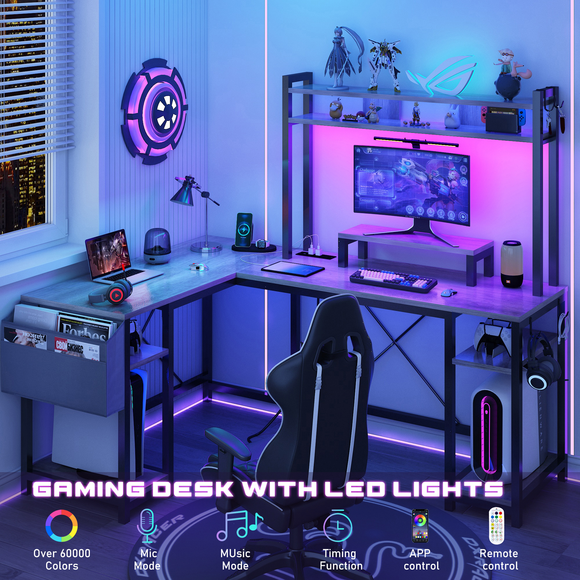 ChVans 95.3" L Shaped Gaming Desk with LED Lights & Power Strip, Corne Desk with Hutch/Storage Shelves/Monitor Stand/Hooks for Home Office, Black