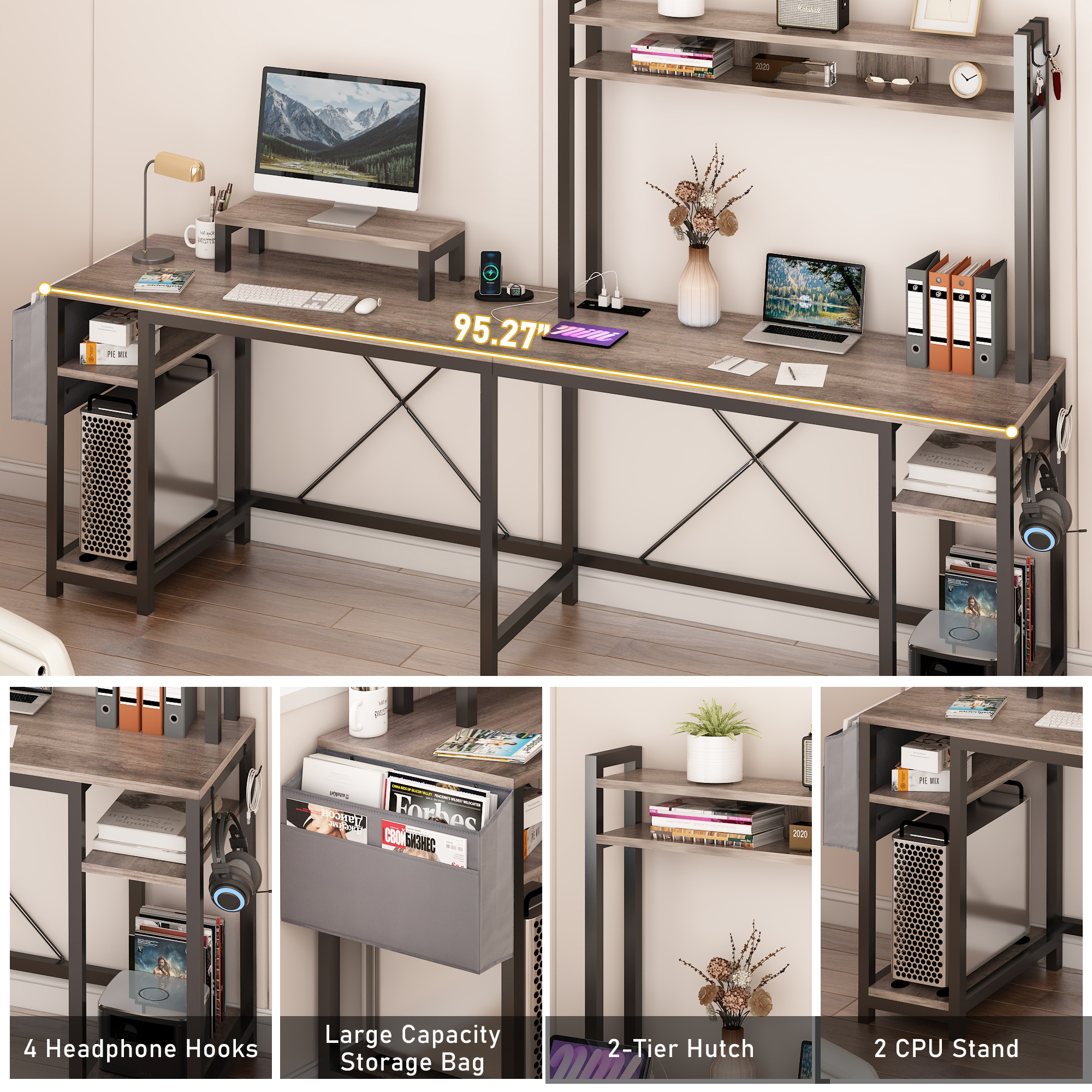 ChVans 95.3" L Shaped Gaming Desk with LED Lights & Power Strip, Corne Desk with Hutch/Storage Shelves/Monitor Stand/Hooks for Home Office, Black