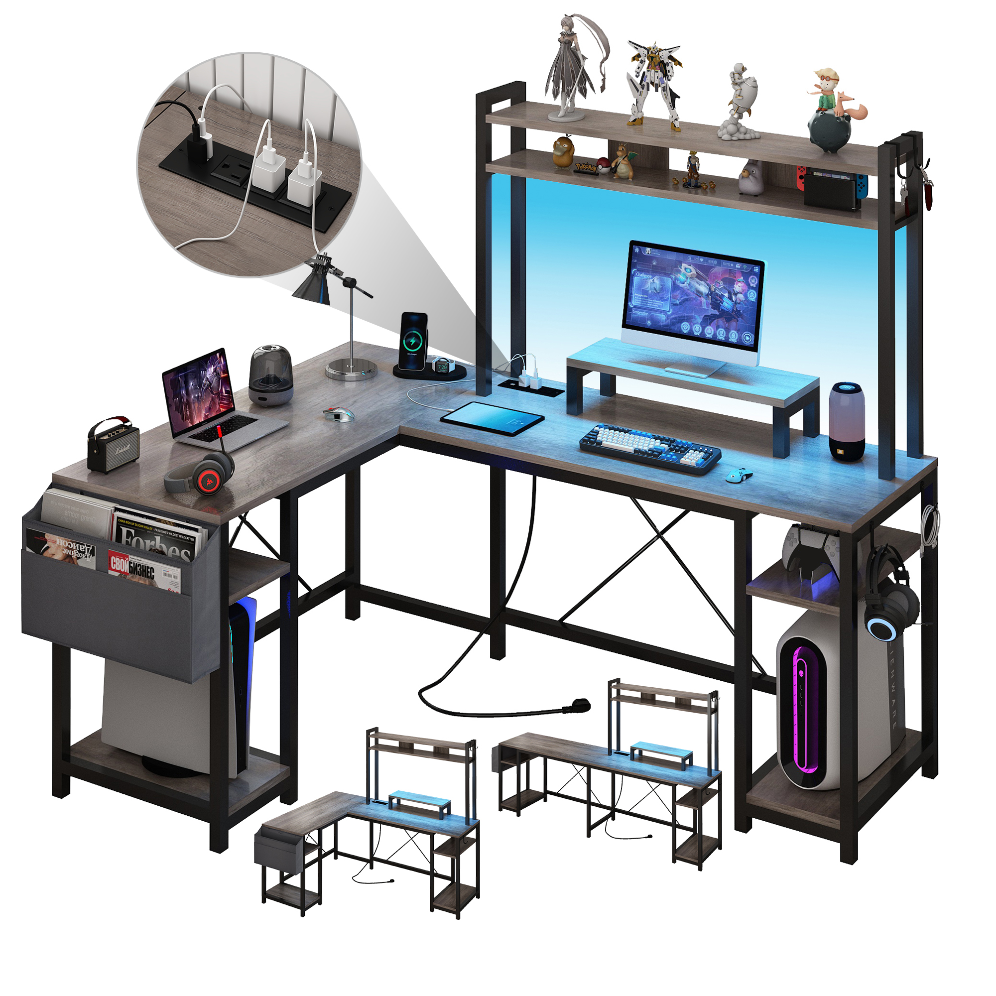 ChVans 95.3" L Shaped Gaming Desk with LED Lights & Power Strip, Corne Desk with Hutch/Storage Shelves/Monitor Stand/Hooks for Home Office, Black
