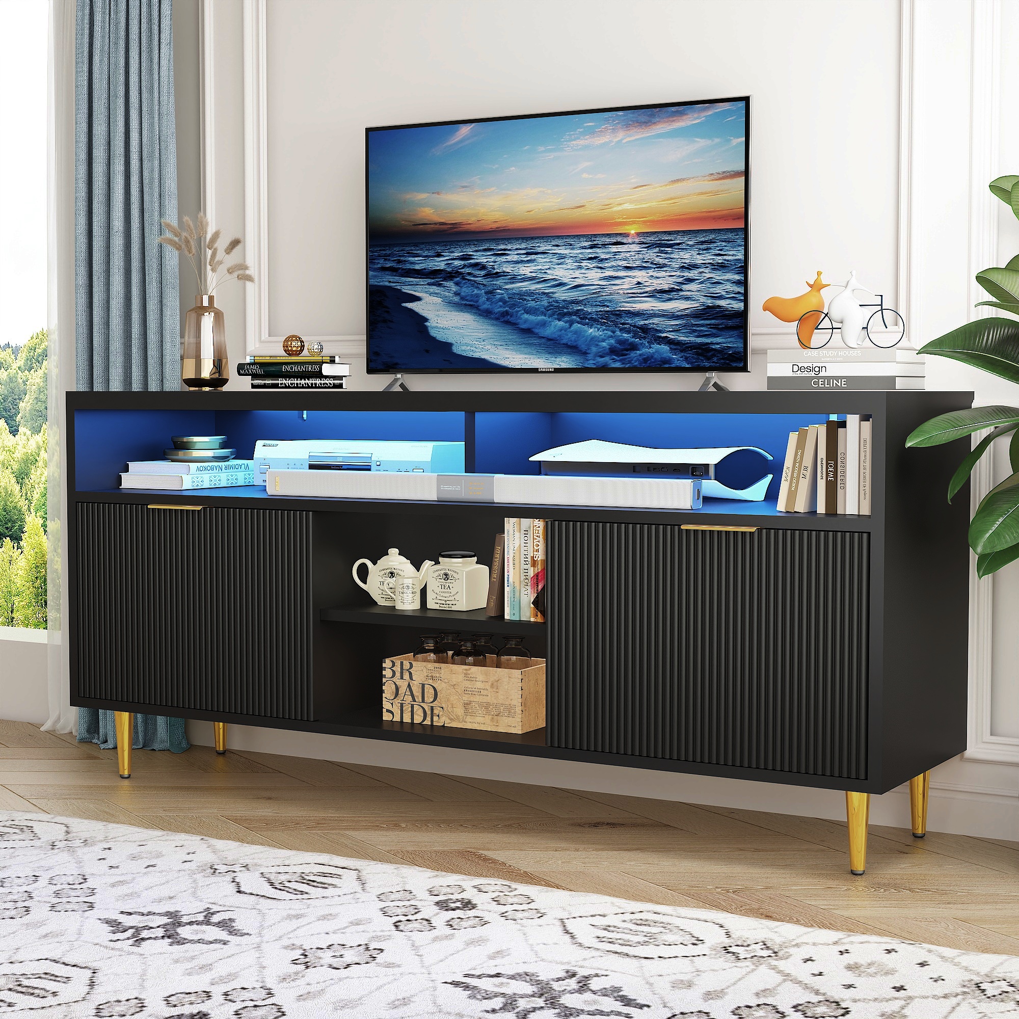 ChVans LED TV Stand for 65 inch TV, Wood Media Console, Entertainment Cabinet with Doors and Cubby Storage