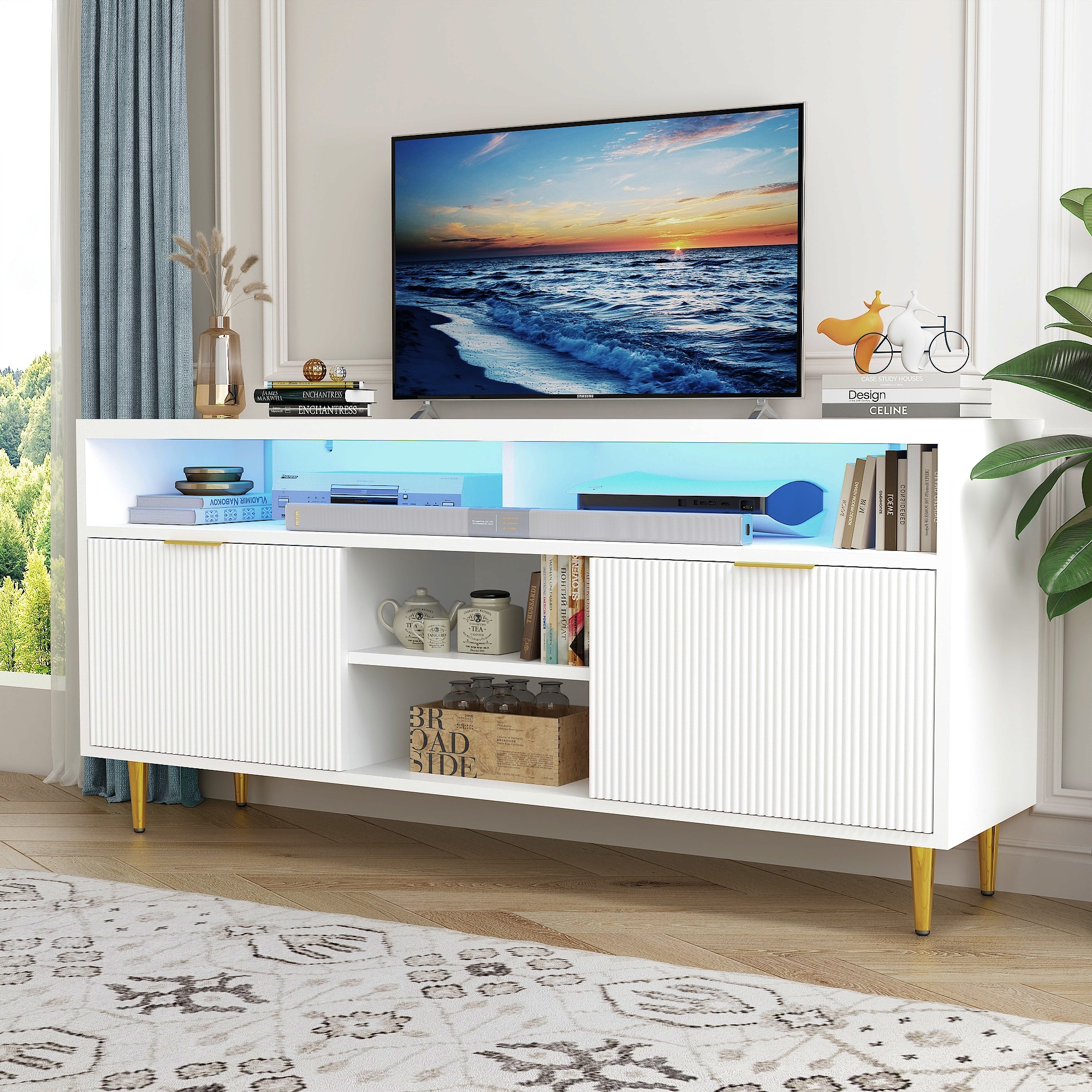 ChVans LED TV Stand for 65 inch TV, Wood Media Console, Entertainment Cabinet with Doors and Cubby Storage