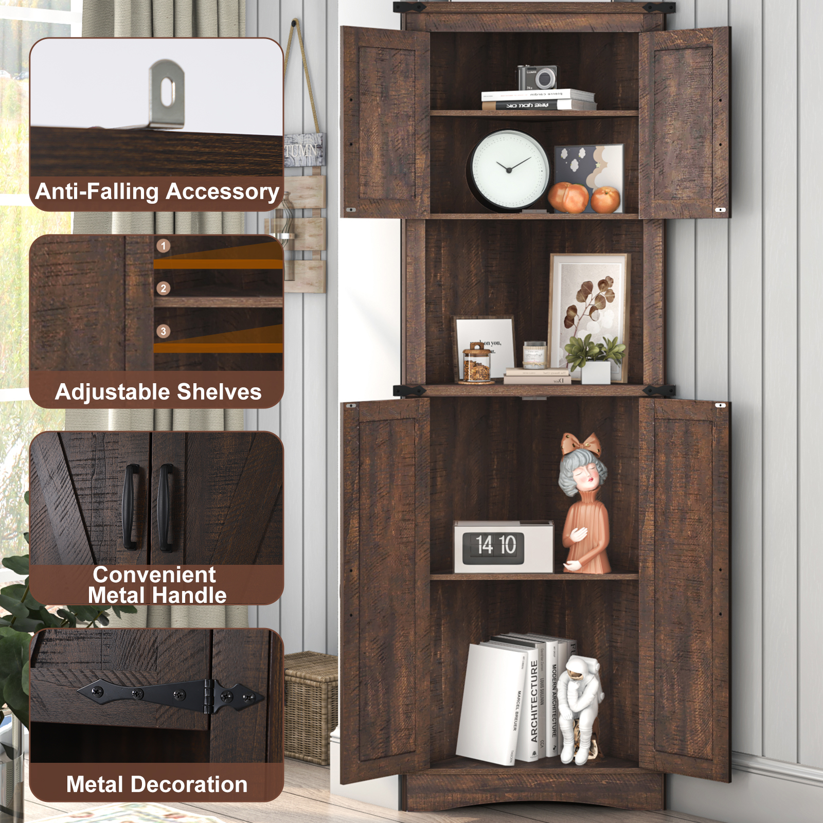 ChVans Farmhouse 68" Tall Corner Cabinet w/4 Barn Doors, 5 Tier Bookcase Storage Cabinet with Adjustable Shelves, Corner Storage Cabinet for Bathroom,Living Room,Kitchen, Brown
