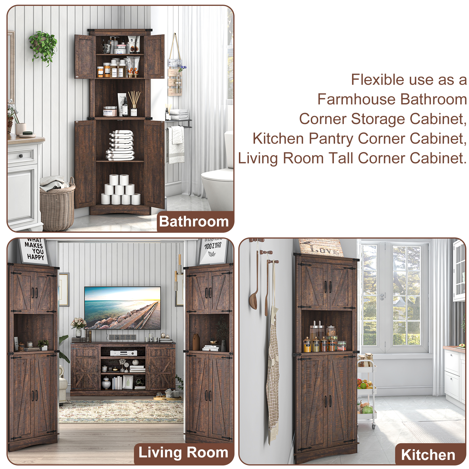 ChVans Farmhouse 68" Tall Corner Cabinet w/4 Barn Doors, 5 Tier Bookcase Storage Cabinet with Adjustable Shelves, Corner Storage Cabinet for Bathroom,Living Room,Kitchen, Brown