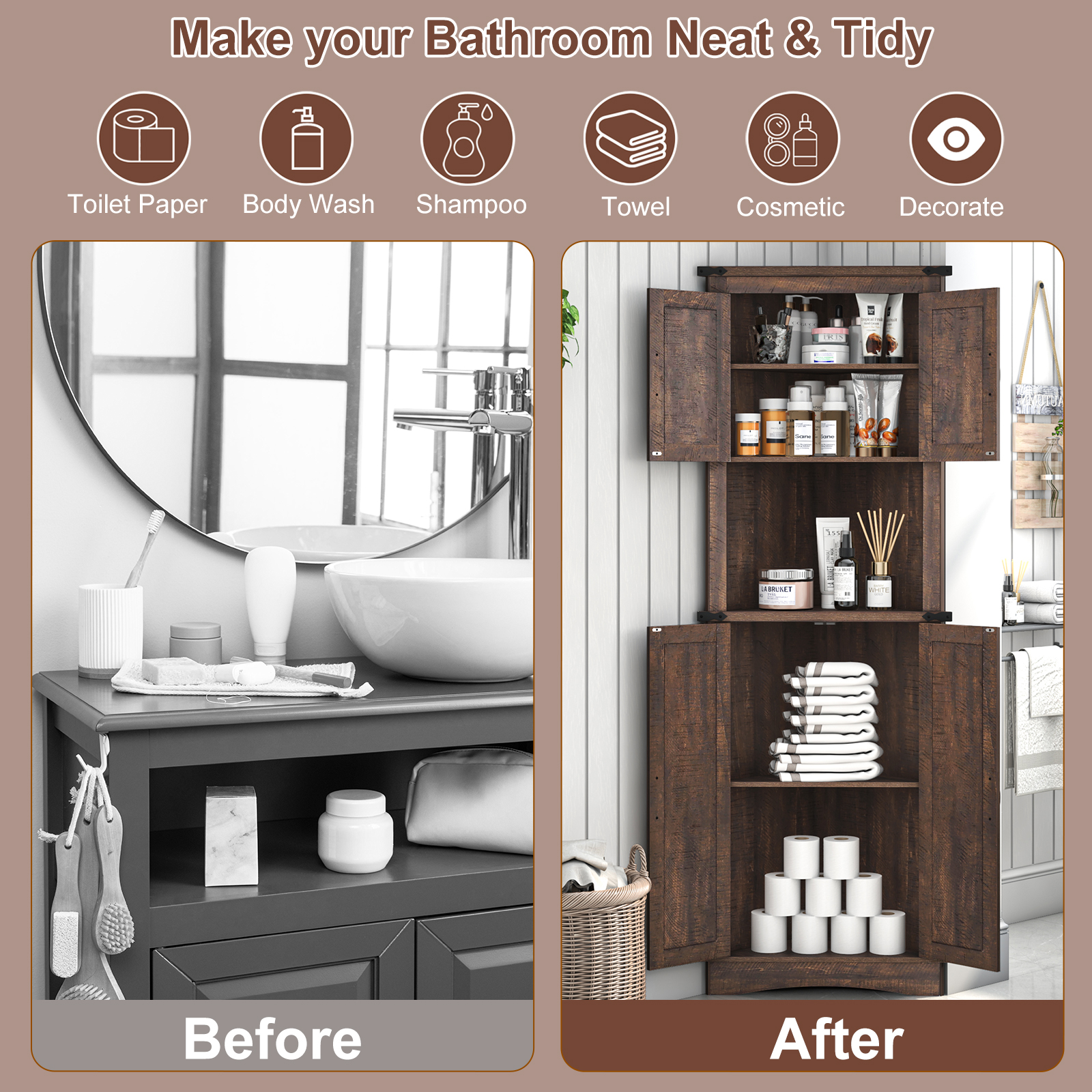 ChVans Farmhouse 68" Tall Corner Cabinet w/4 Barn Doors, 5 Tier Bookcase Storage Cabinet with Adjustable Shelves, Corner Storage Cabinet for Bathroom,Living Room,Kitchen, Brown