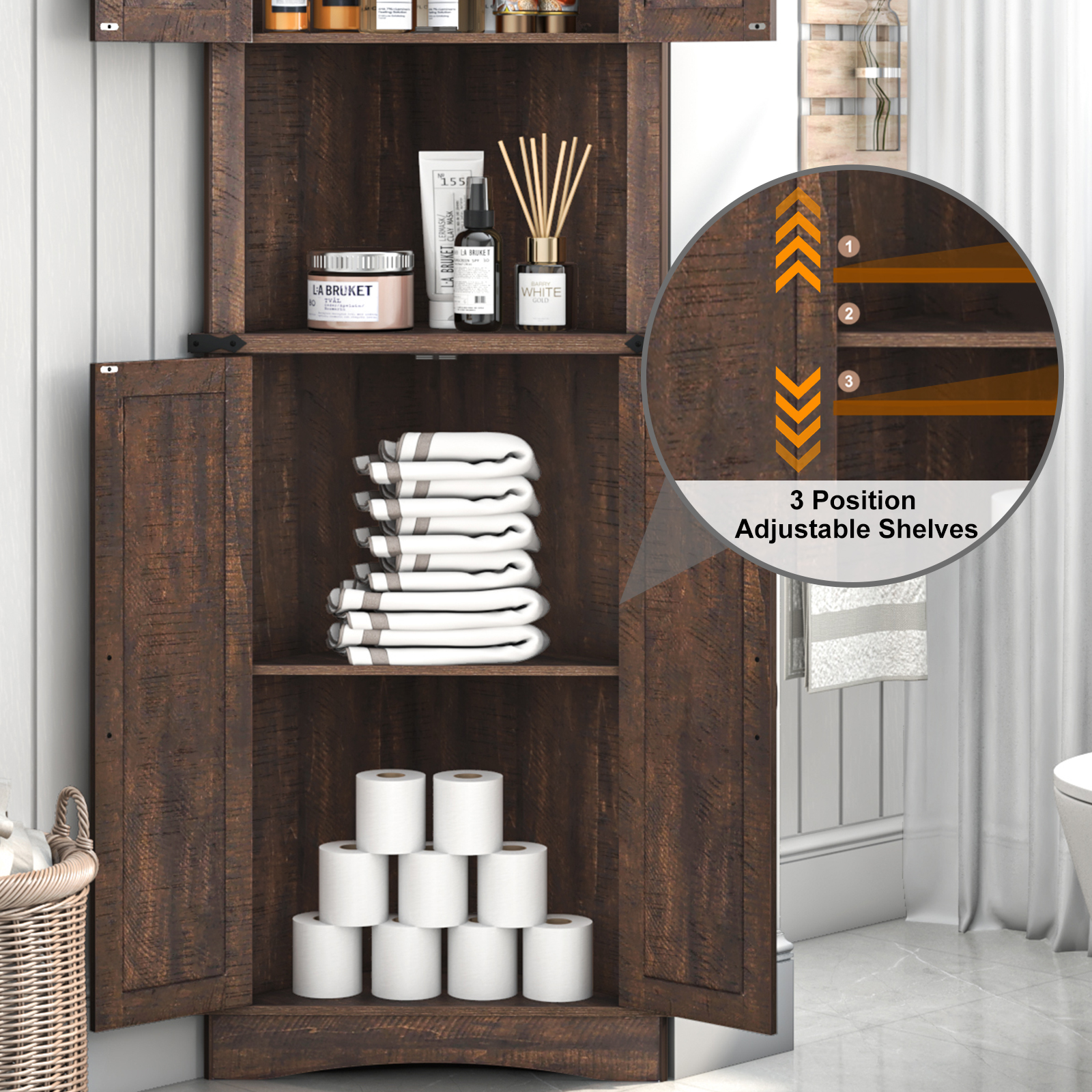 ChVans Farmhouse 68" Tall Corner Cabinet w/4 Barn Doors, 5 Tier Bookcase Storage Cabinet with Adjustable Shelves, Corner Storage Cabinet for Bathroom,Living Room,Kitchen, Brown