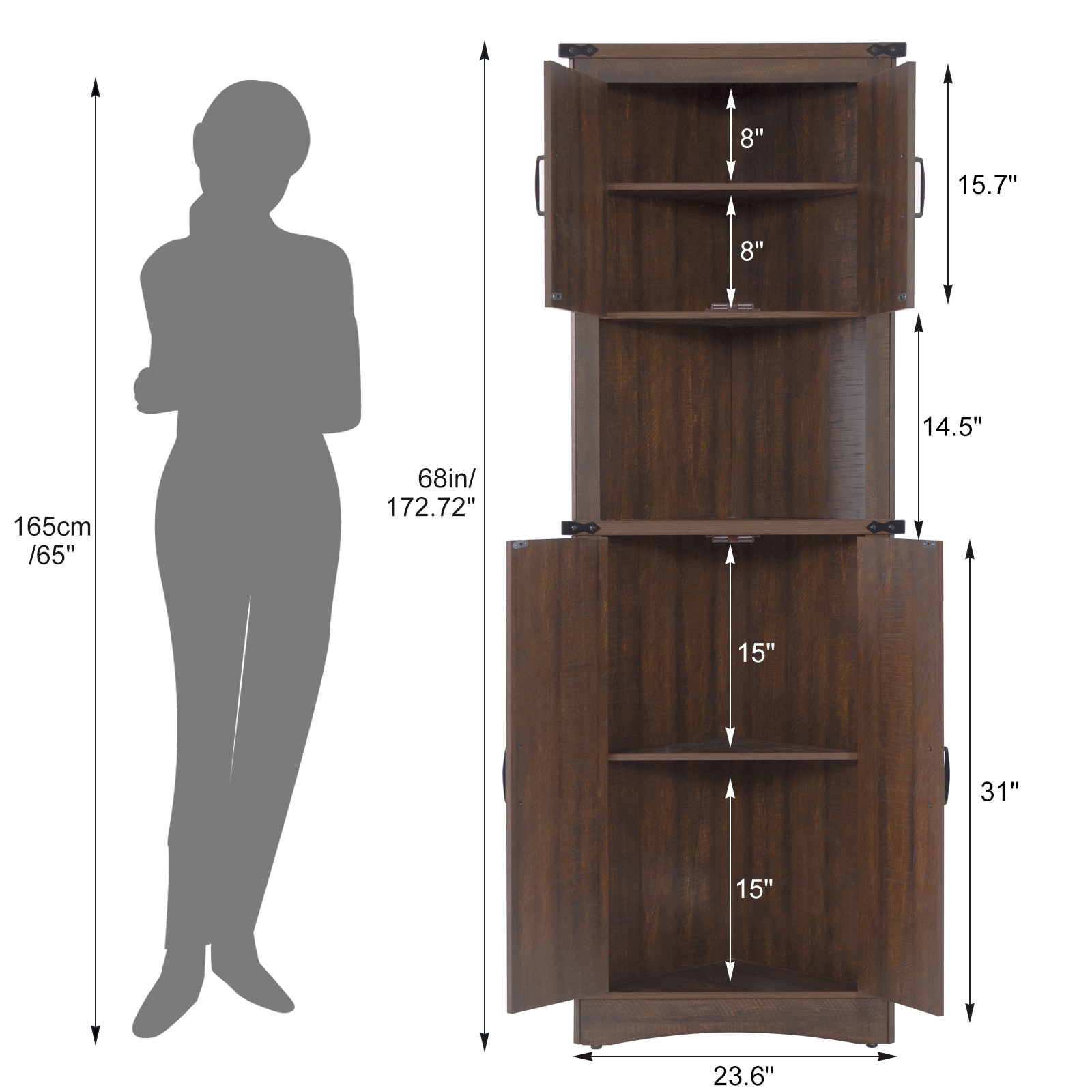 ChVans Farmhouse 68" Tall Corner Cabinet w/4 Barn Doors, 5 Tier Bookcase Storage Cabinet with Adjustable Shelves, Corner Storage Cabinet for Bathroom,Living Room,Kitchen, Brown
