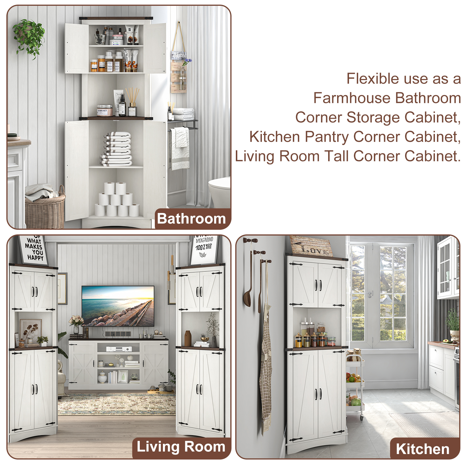 ChVans Farmhouse 68" Tall Corner Cabinet w/4 Barn Doors, 5 Tier Bookcase Storage Cabinet with Adjustable Shelves, Corner Storage Cabinet for Bathroom,Living Room,Kitchen, Brown