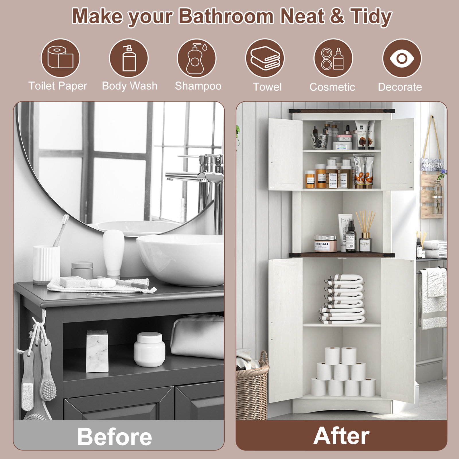 ChVans Farmhouse 68" Tall Corner Cabinet w/4 Barn Doors, 5 Tier Bookcase Storage Cabinet with Adjustable Shelves, Corner Storage Cabinet for Bathroom,Living Room,Kitchen, Brown