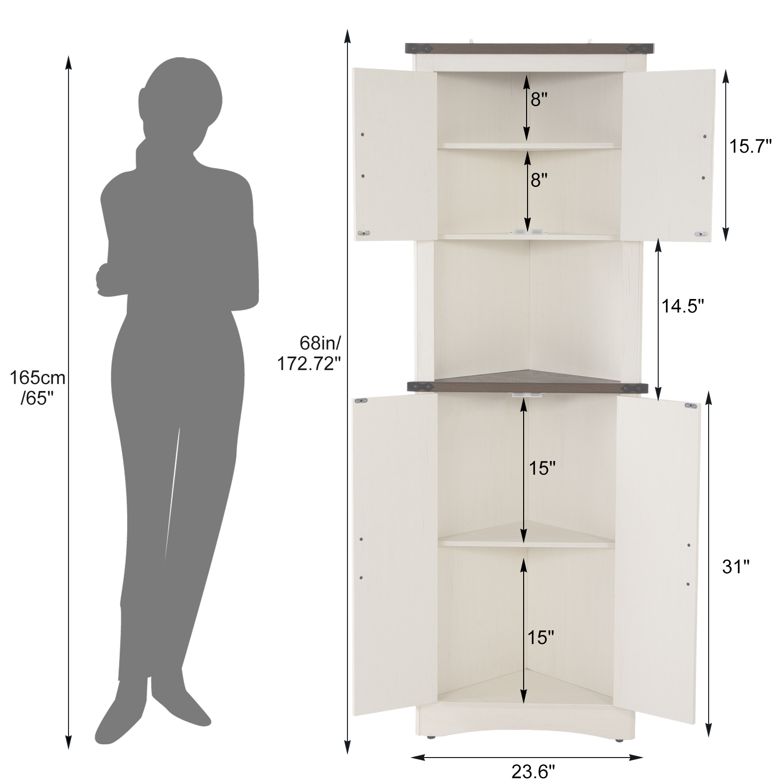 ChVans Farmhouse 68" Tall Corner Cabinet w/4 Barn Doors, 5 Tier Bookcase Storage Cabinet with Adjustable Shelves, Corner Storage Cabinet for Bathroom,Living Room,Kitchen, Brown