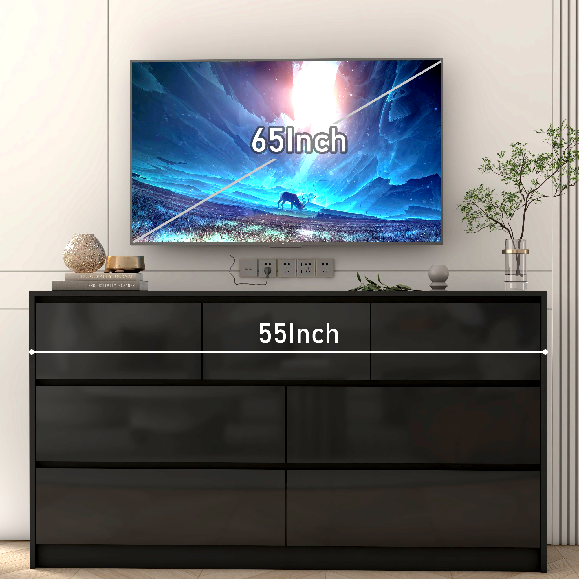 ChVans 7 Drawer Black Dresser for Bedroom, 55" Modern High Gloss Dresser with 7 Drawers, Large Wood Chest of Drawer Handle Free, Long Dresser for Kids Bedroom, Living Room, Entryway, Hallway