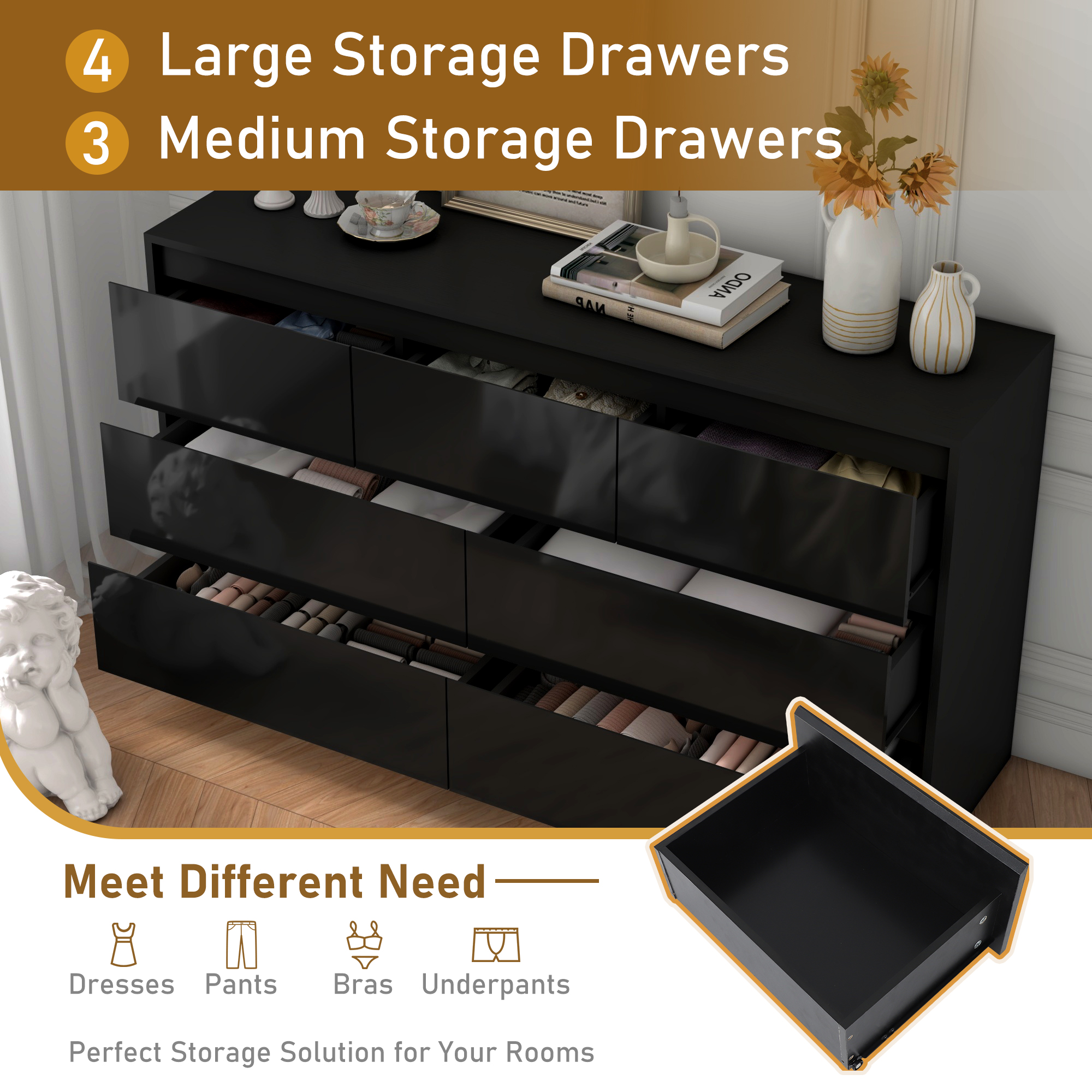 ChVans 7 Drawer Black Dresser for Bedroom, 55" Modern High Gloss Dresser with 7 Drawers, Large Wood Chest of Drawer Handle Free, Long Dresser for Kids Bedroom, Living Room, Entryway, Hallway