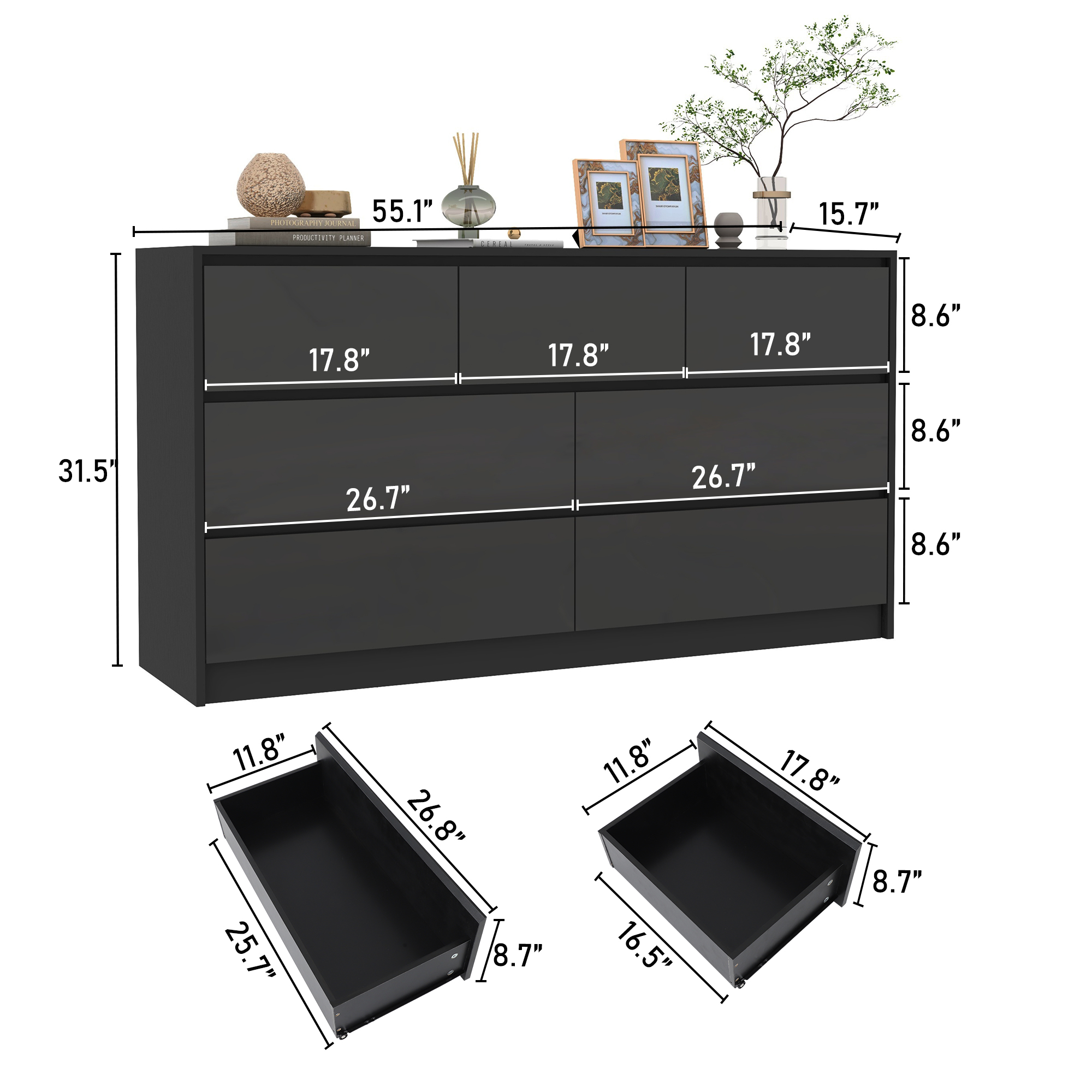ChVans 7 Drawer Black Dresser for Bedroom, 55" Modern High Gloss Dresser with 7 Drawers, Large Wood Chest of Drawer Handle Free, Long Dresser for Kids Bedroom, Living Room, Entryway, Hallway
