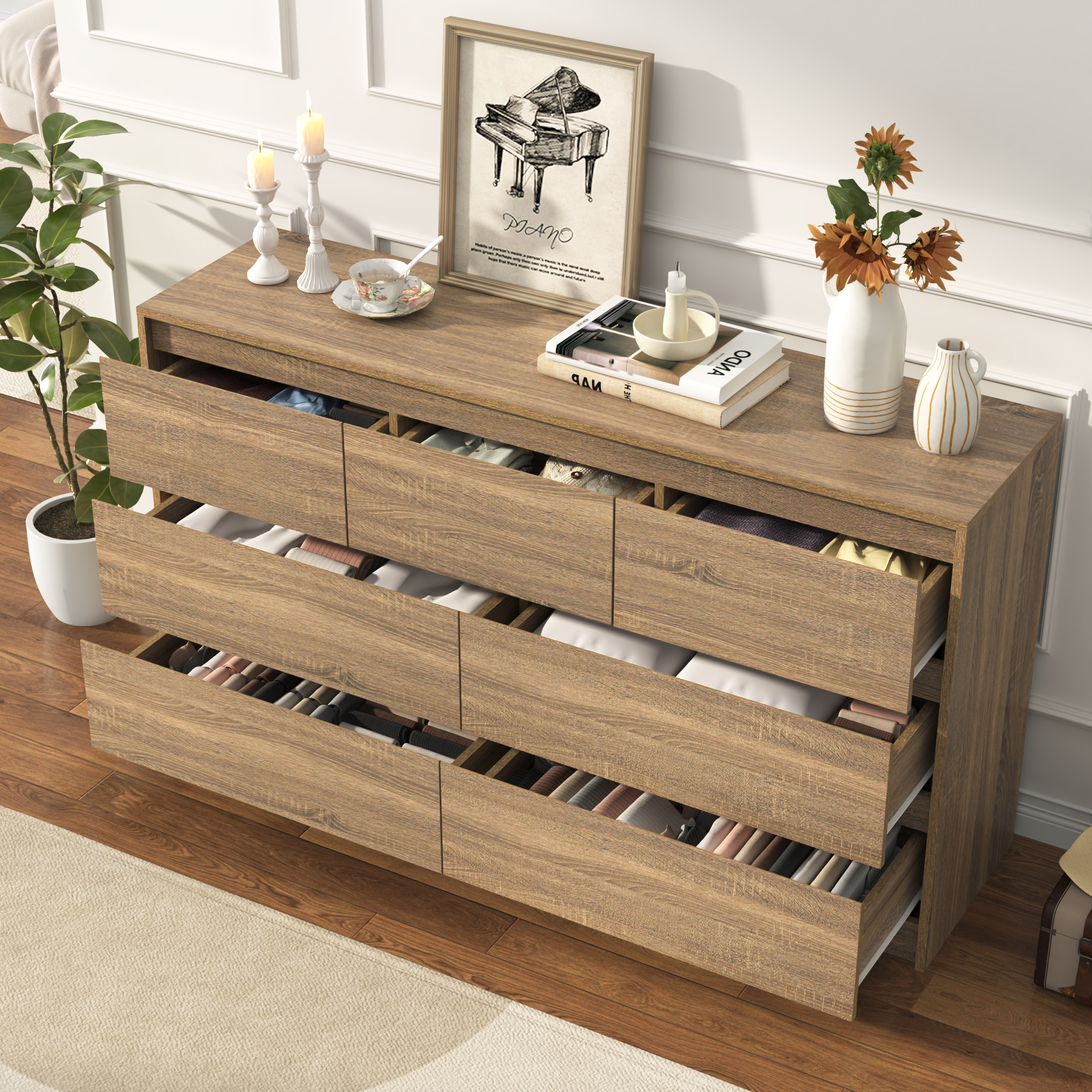 ChVans 7 Drawer Black Dresser for Bedroom, 55" Modern High Gloss Dresser with 7 Drawers, Large Wood Chest of Drawer Handle Free, Long Dresser for Kids Bedroom, Living Room, Entryway, Hallway