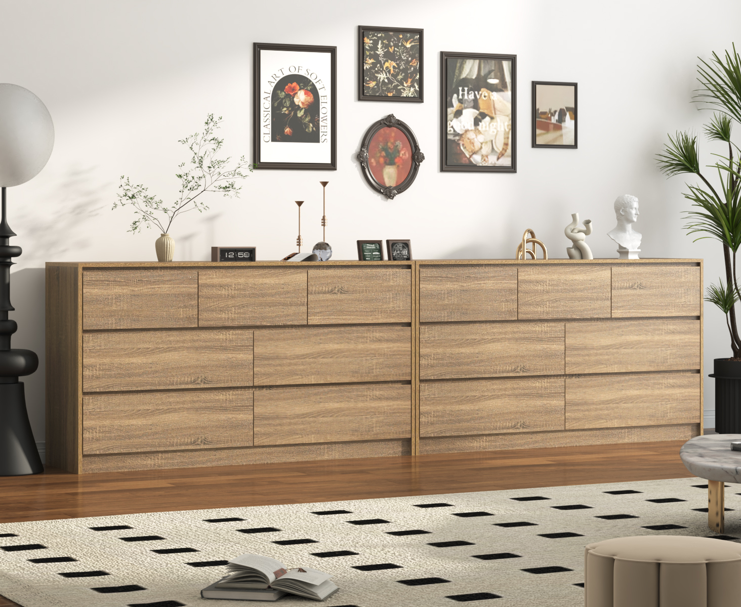 ChVans 7 Drawer Black Dresser for Bedroom, 55" Modern High Gloss Dresser with 7 Drawers, Large Wood Chest of Drawer Handle Free, Long Dresser for Kids Bedroom, Living Room, Entryway, Hallway