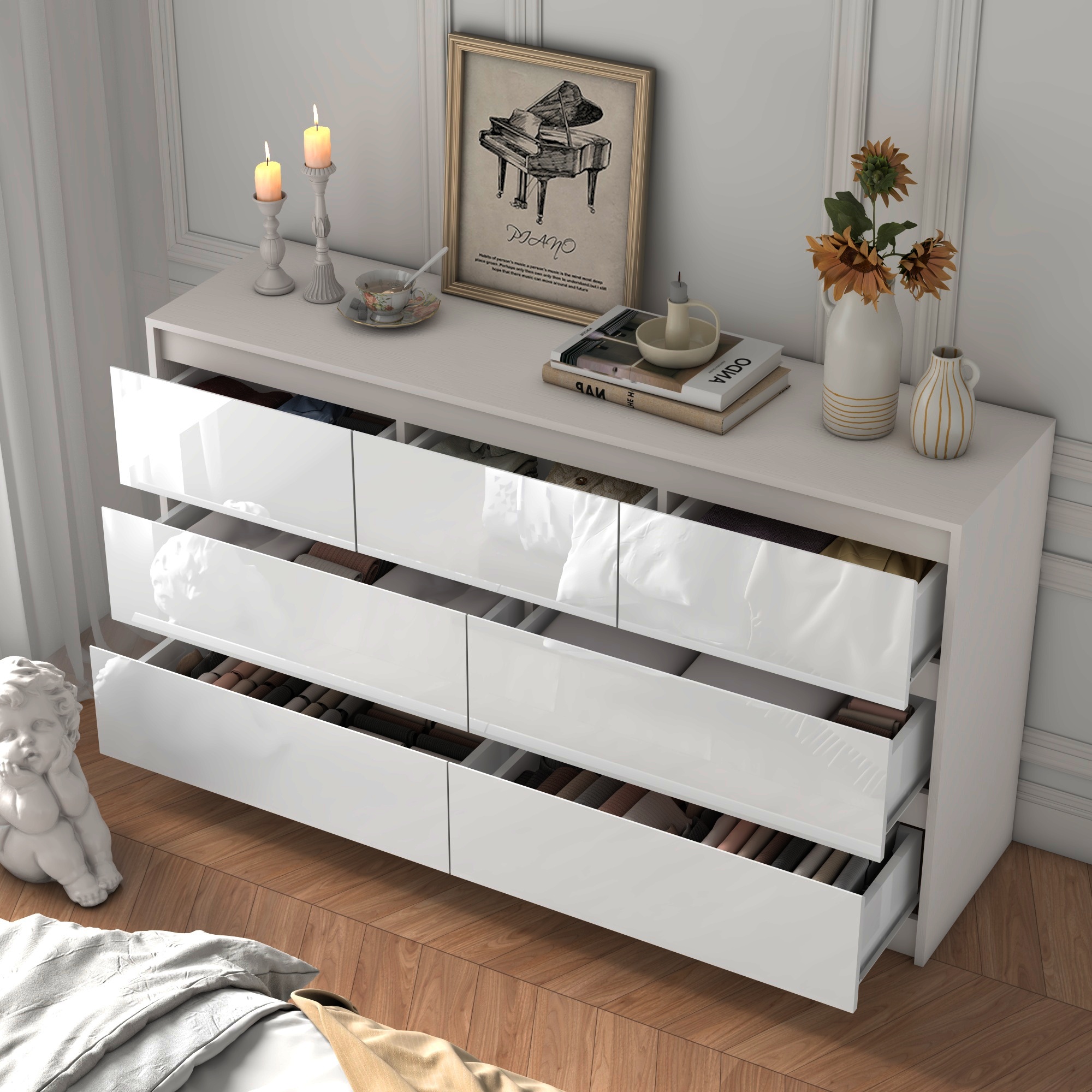 ChVans White 7 Drawer Dresser for Bedroom, 55" Modern Dresser with High Gloss Drawers, Large Wood Chest of Drawer Handle Free, Long Dresser for Bedroom, Living Room, Entryway, Hallway(Black 1-55.1")