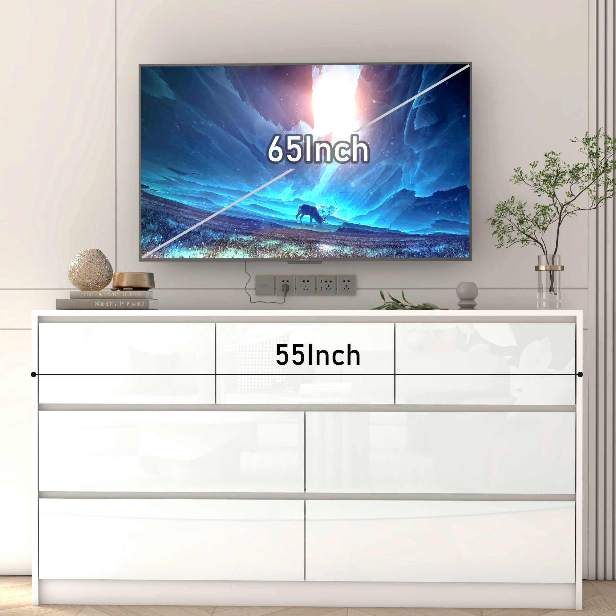 ChVans 7 Drawer Black Dresser for Bedroom, 55" Modern High Gloss Dresser with 7 Drawers, Large Wood Chest of Drawer Handle Free, Long Dresser for Kids Bedroom, Living Room, Entryway, Hallway