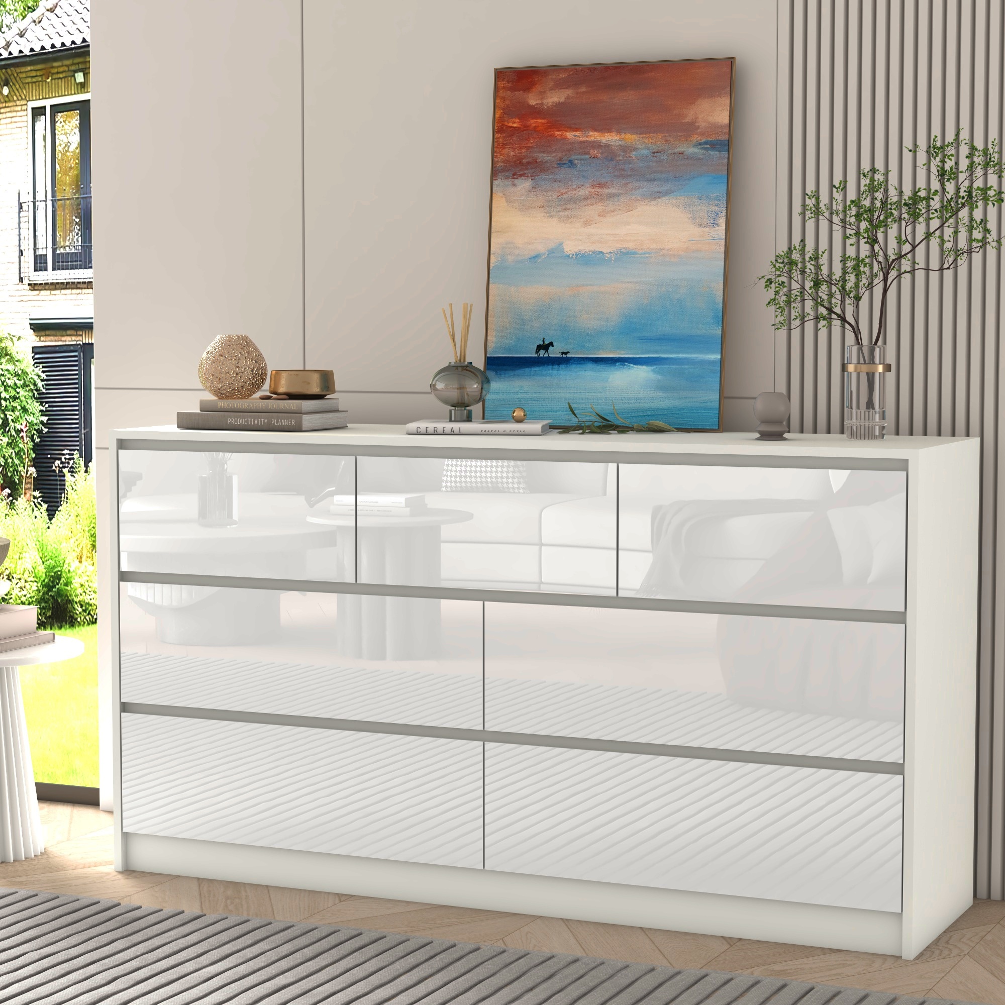 ChVans White 7 Drawer Dresser for Bedroom, 55" Modern Dresser with High Gloss Drawers, Large Wood Chest of Drawer Handle Free, Long Dresser for Bedroom, Living Room, Entryway, Hallway(Black 1-55.1")