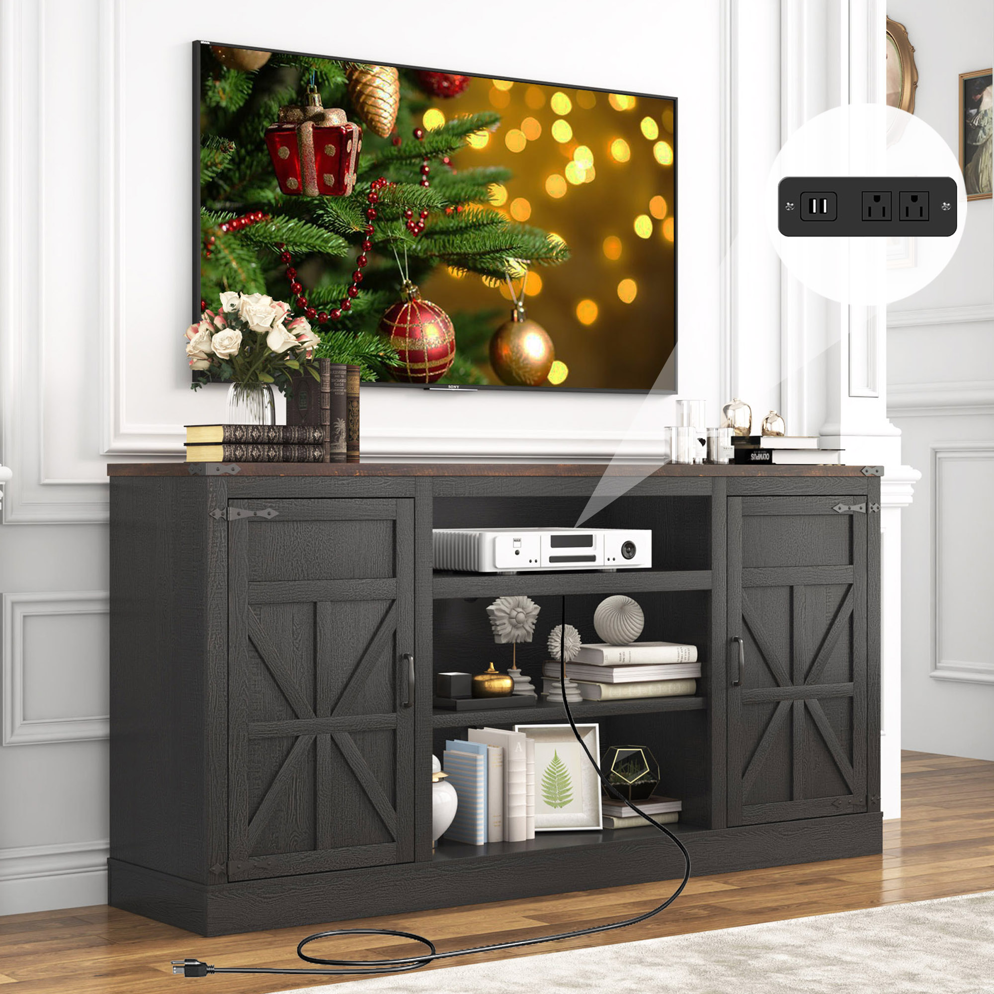Chvans 66" Farmhouse TV Stand with Power Outlet /USB Charging Port for 70" 75" TVs