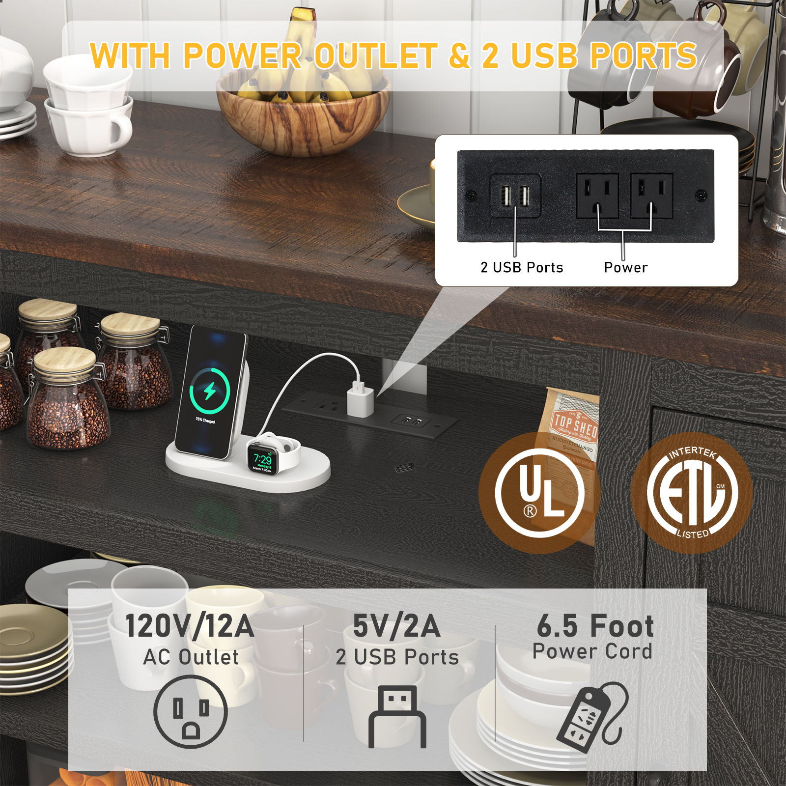 Chvans 66" Farmhouse TV Stand with Power Outlet /USB Charging Port for 70" 75" TVs