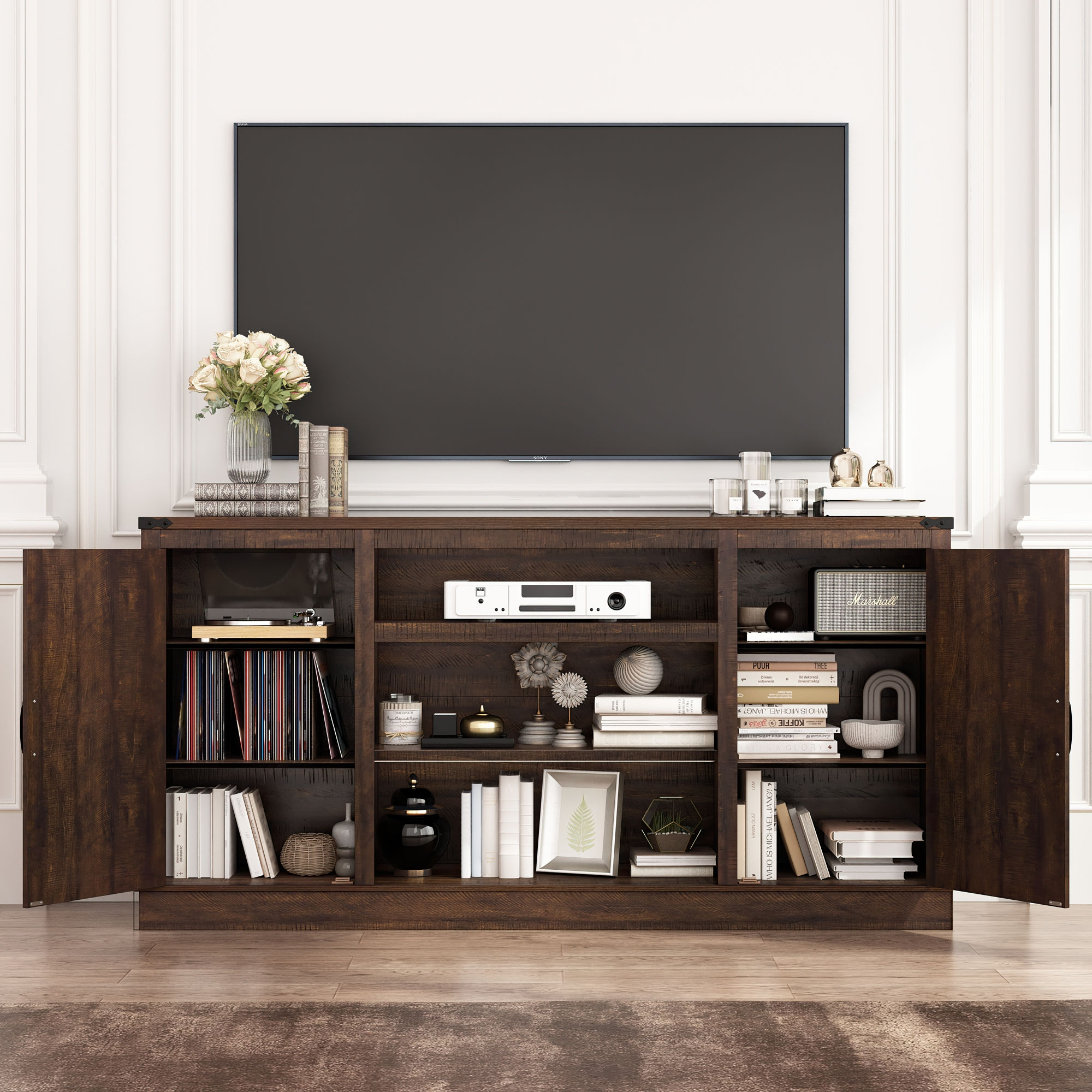Chvans 66" Farmhouse TV Stand with Power Outlet /USB Charging Port for 70" 75" TVs
