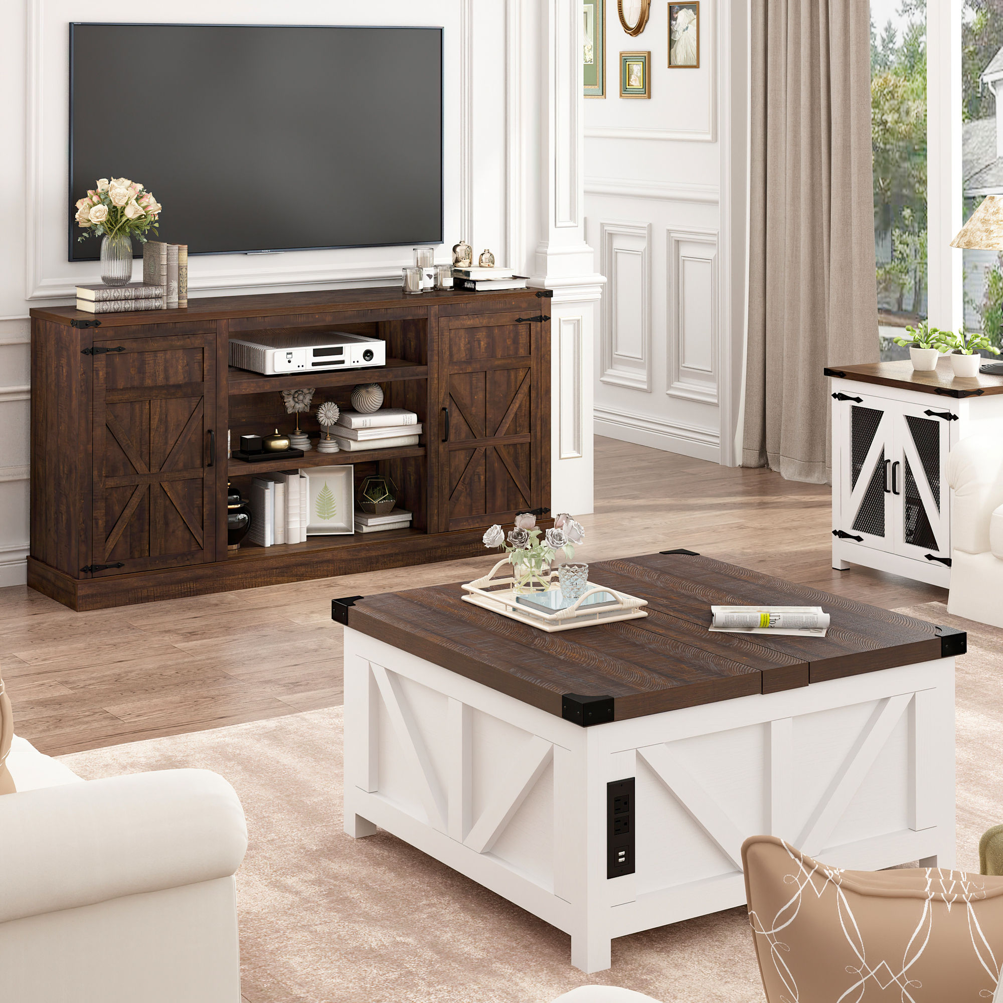 Chvans 66" Farmhouse TV Stand with Power Outlet /USB Charging Port for 70" 75" TVs