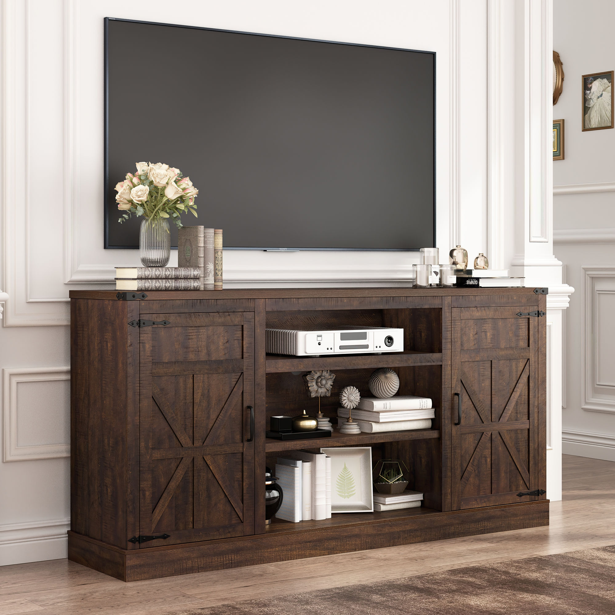 Chvans 66" Farmhouse TV Stand with Power Outlet /USB Charging Port for 70" 75" TVs
