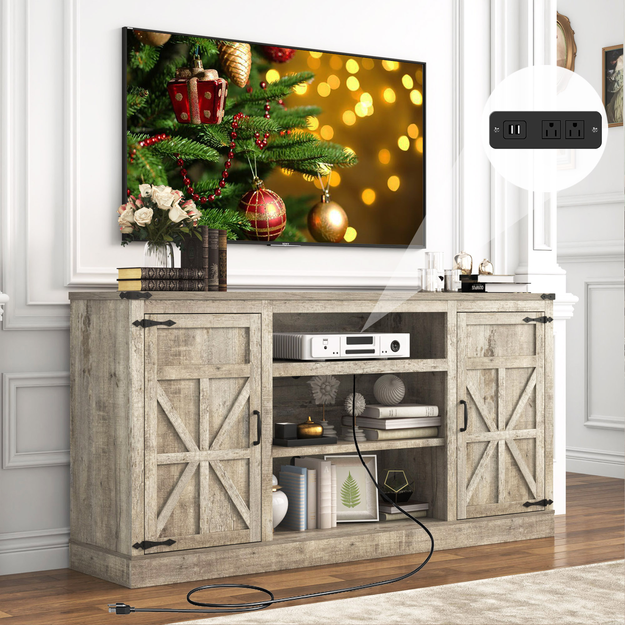 Chvans 66" Farmhouse TV Stand with Power Outlet /USB Charging Port for 70" 75" TVs