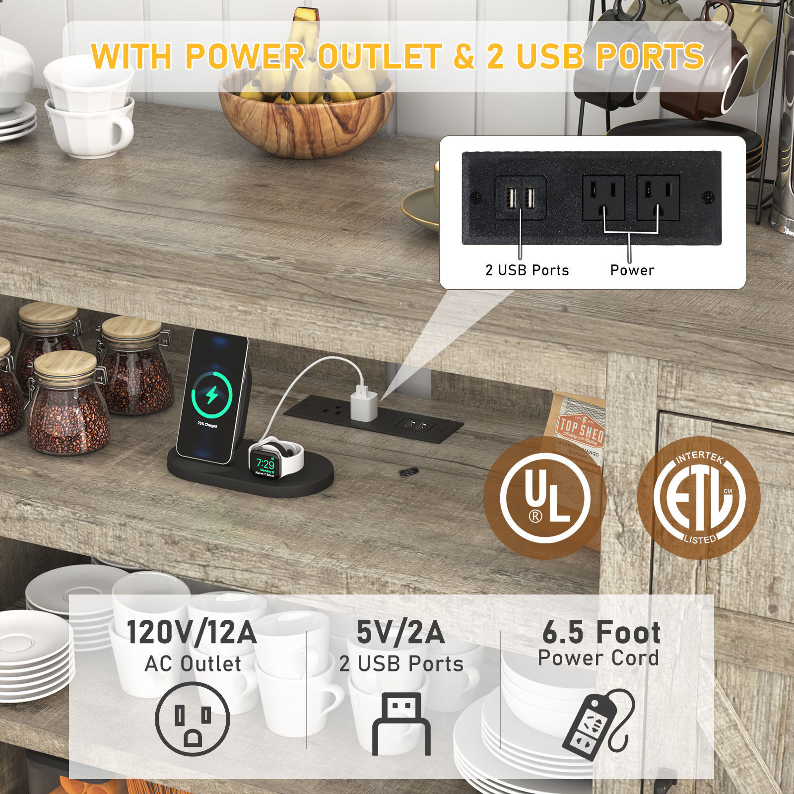 Chvans 66" Farmhouse TV Stand with Power Outlet /USB Charging Port for 70" 75" TVs