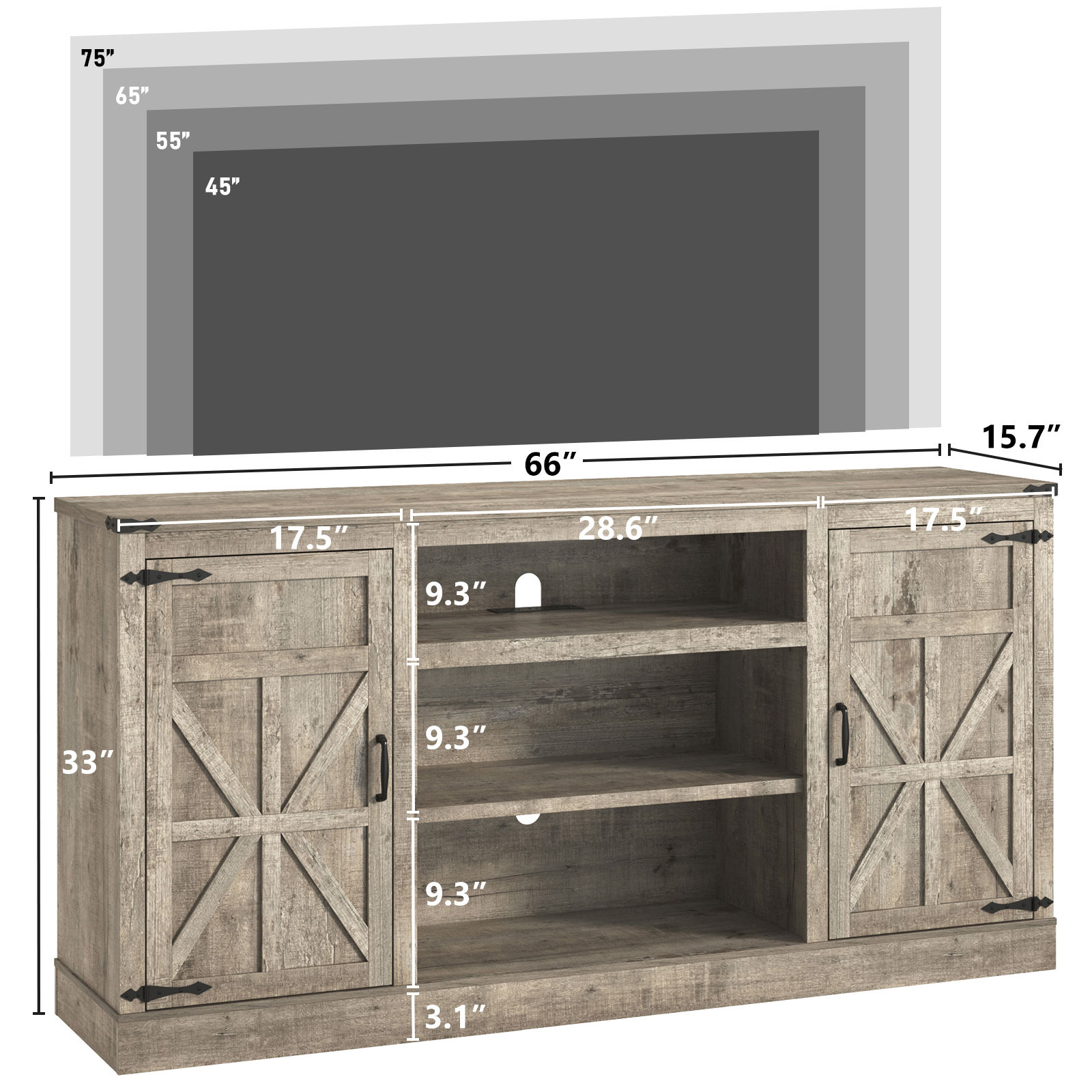 Chvans 66" Farmhouse TV Stand with Power Outlet /USB Charging Port for 70" 75" TVs