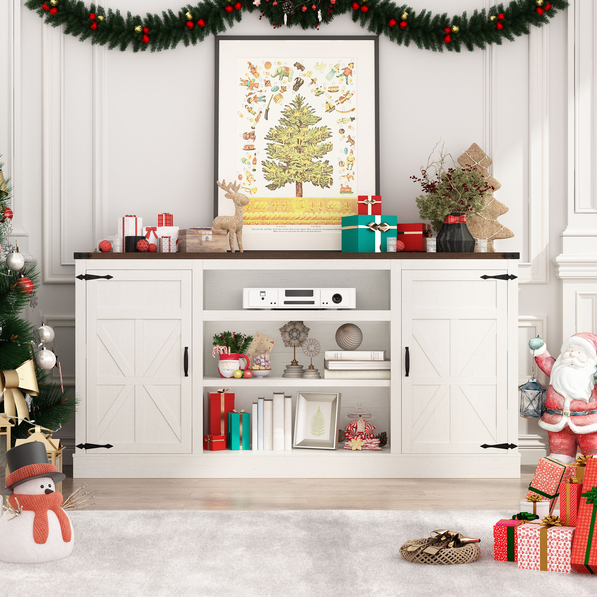 Chvans 66" Farmhouse TV Stand with Power Outlet /USB Charging Port for 70" 75" TVs