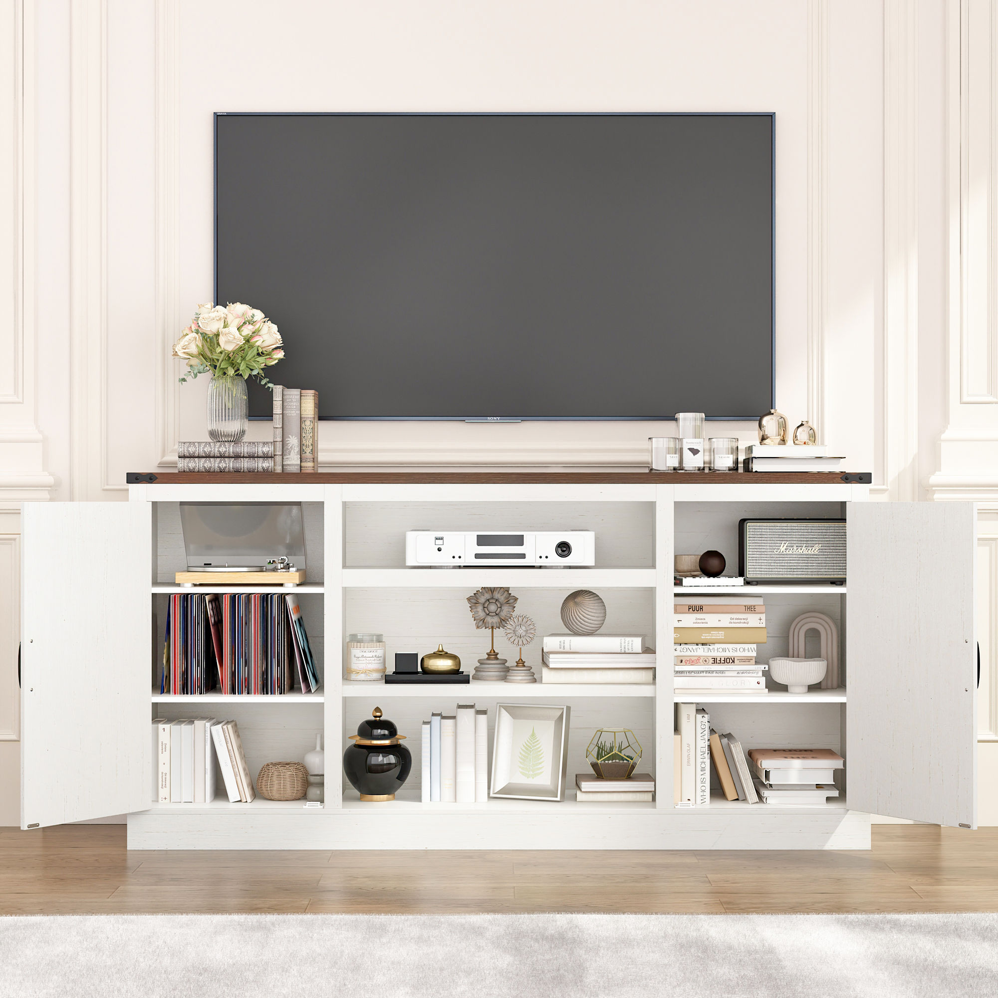 Chvans 66" Farmhouse TV Stand with Power Outlet /USB Charging Port for 70" 75" TVs